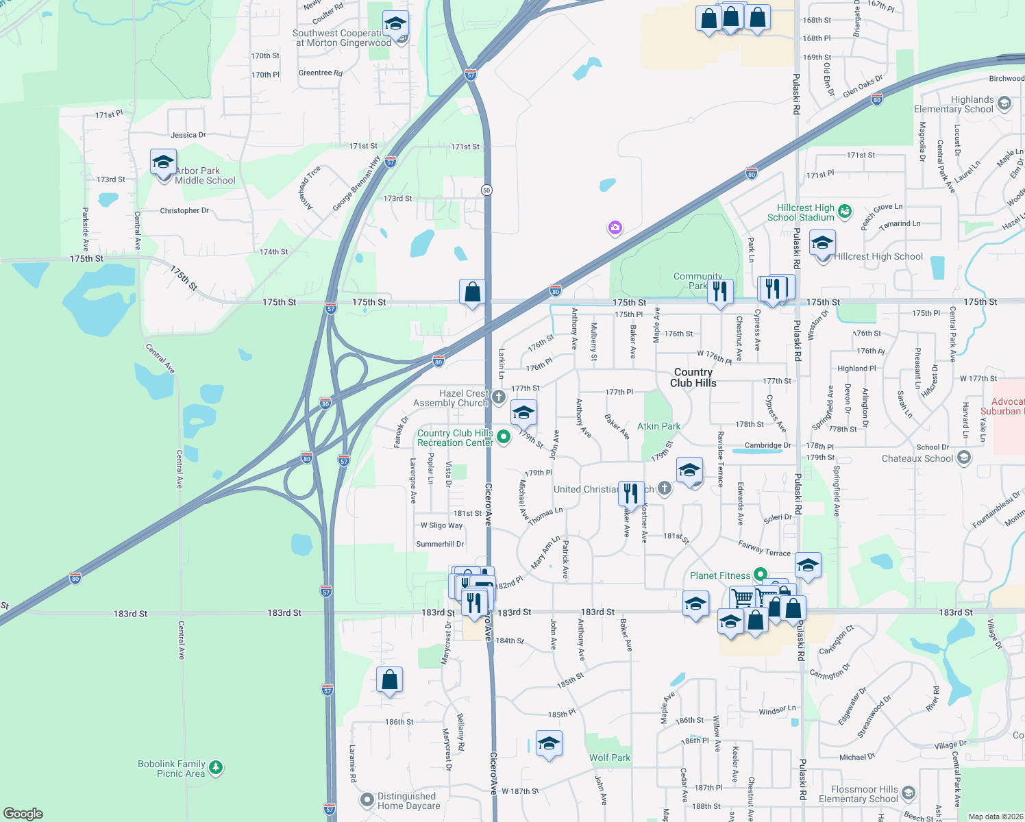 map of restaurants, bars, coffee shops, grocery stores, and more near 17800 Michael Avenue in Country Club Hills