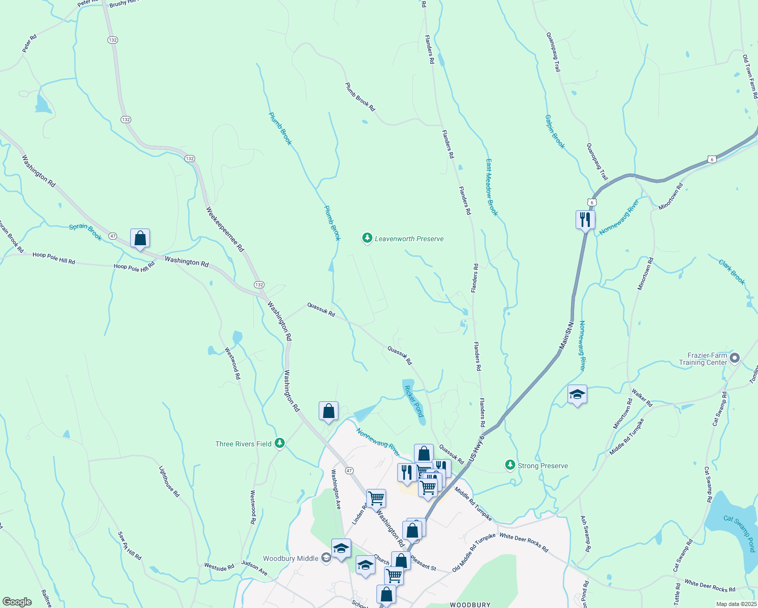 map of restaurants, bars, coffee shops, grocery stores, and more near 200 Quassuk Rd in Woodbury