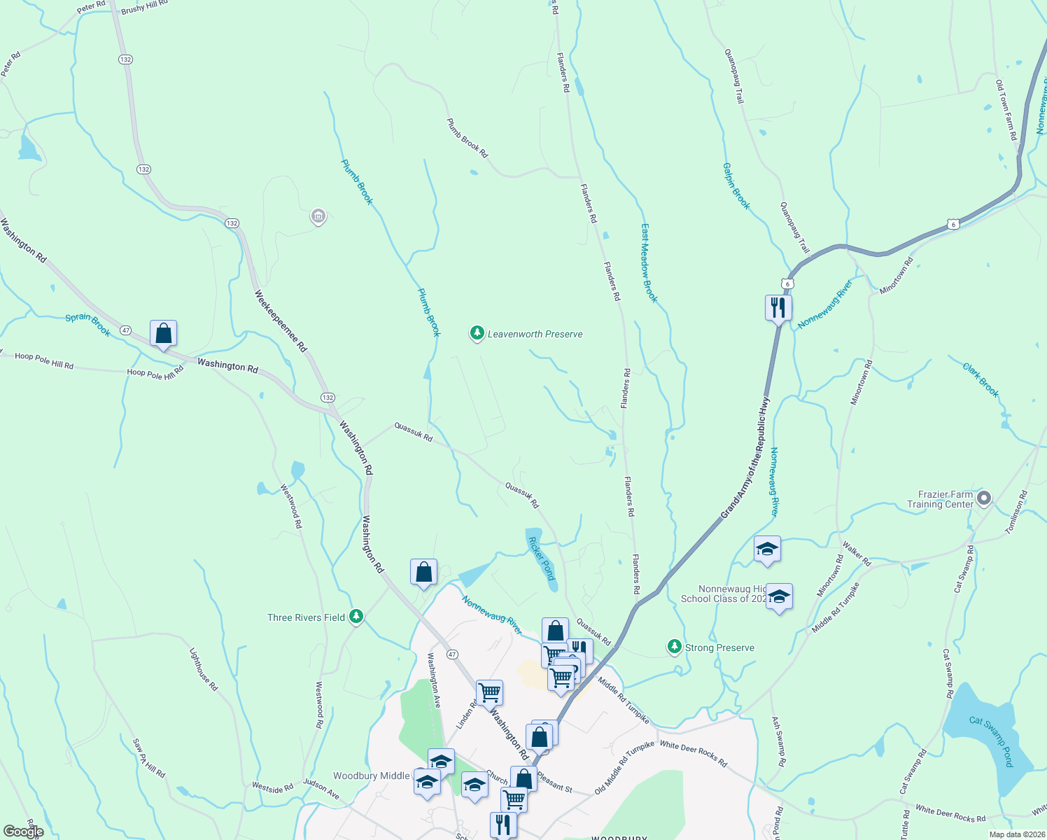 map of restaurants, bars, coffee shops, grocery stores, and more near 16 Pilgrim Trail in Woodbury