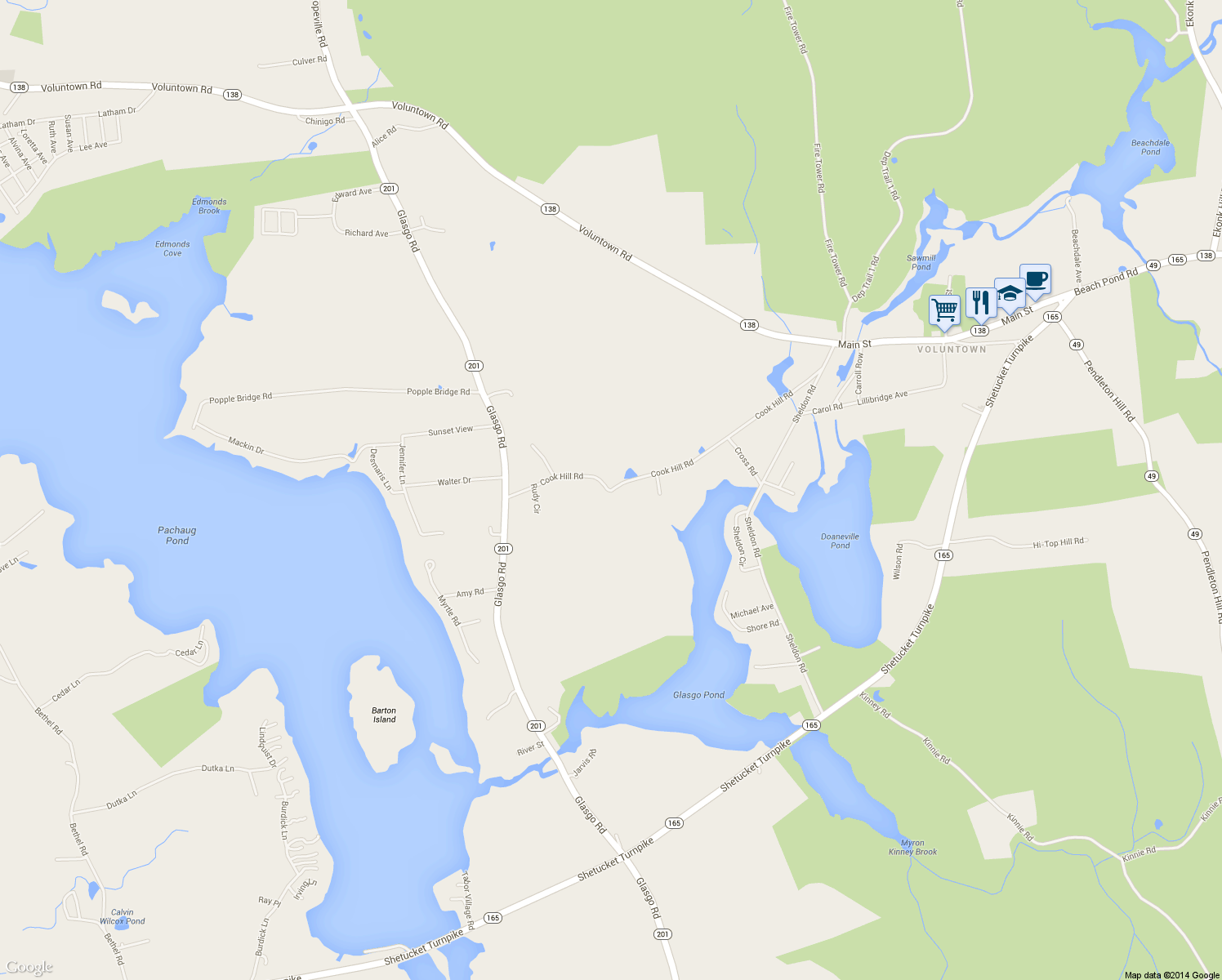 map of restaurants, bars, coffee shops, grocery stores, and more near 60 Cook Hill Road in Griswold