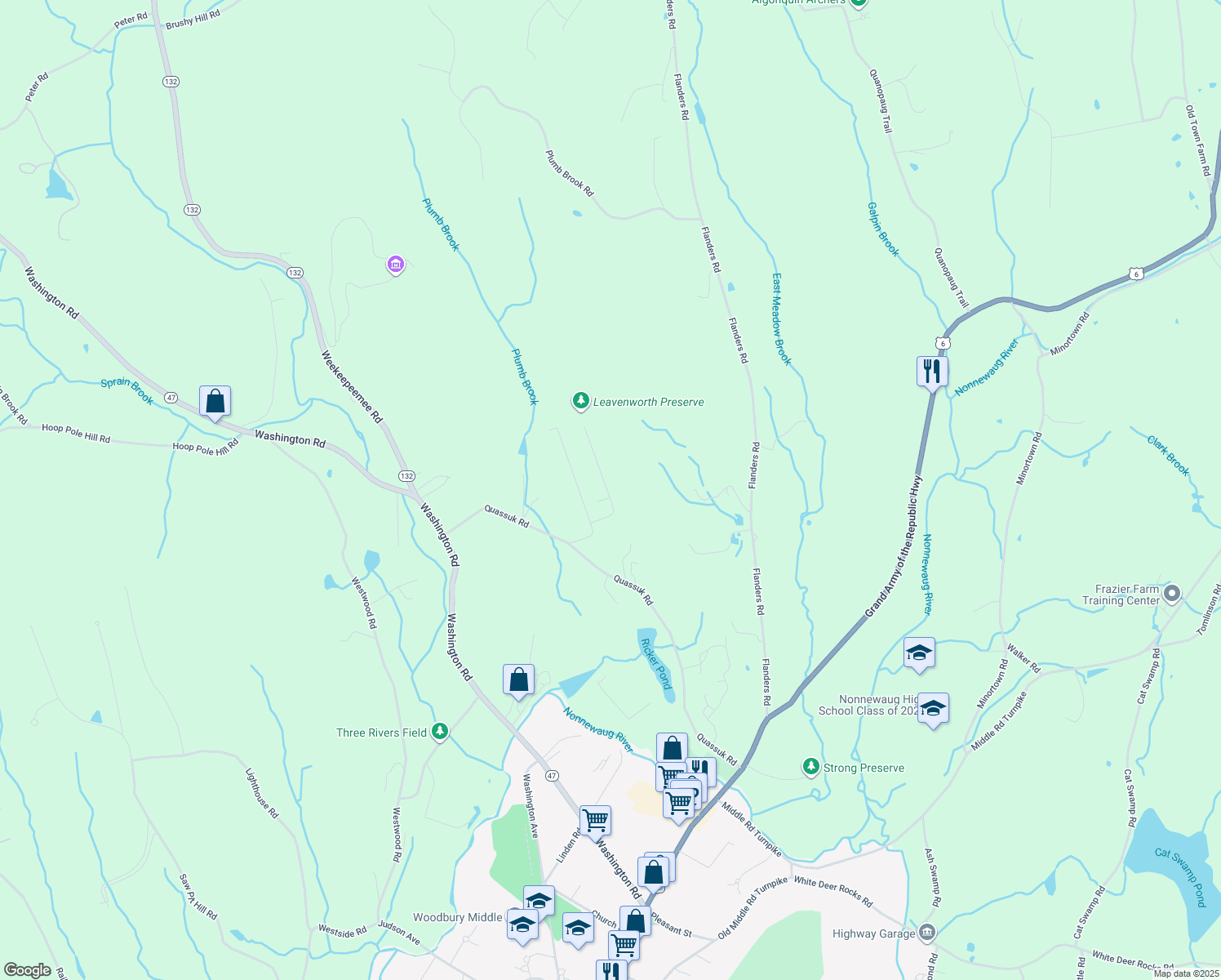 map of restaurants, bars, coffee shops, grocery stores, and more near 200 Quassuk Road in Woodbury
