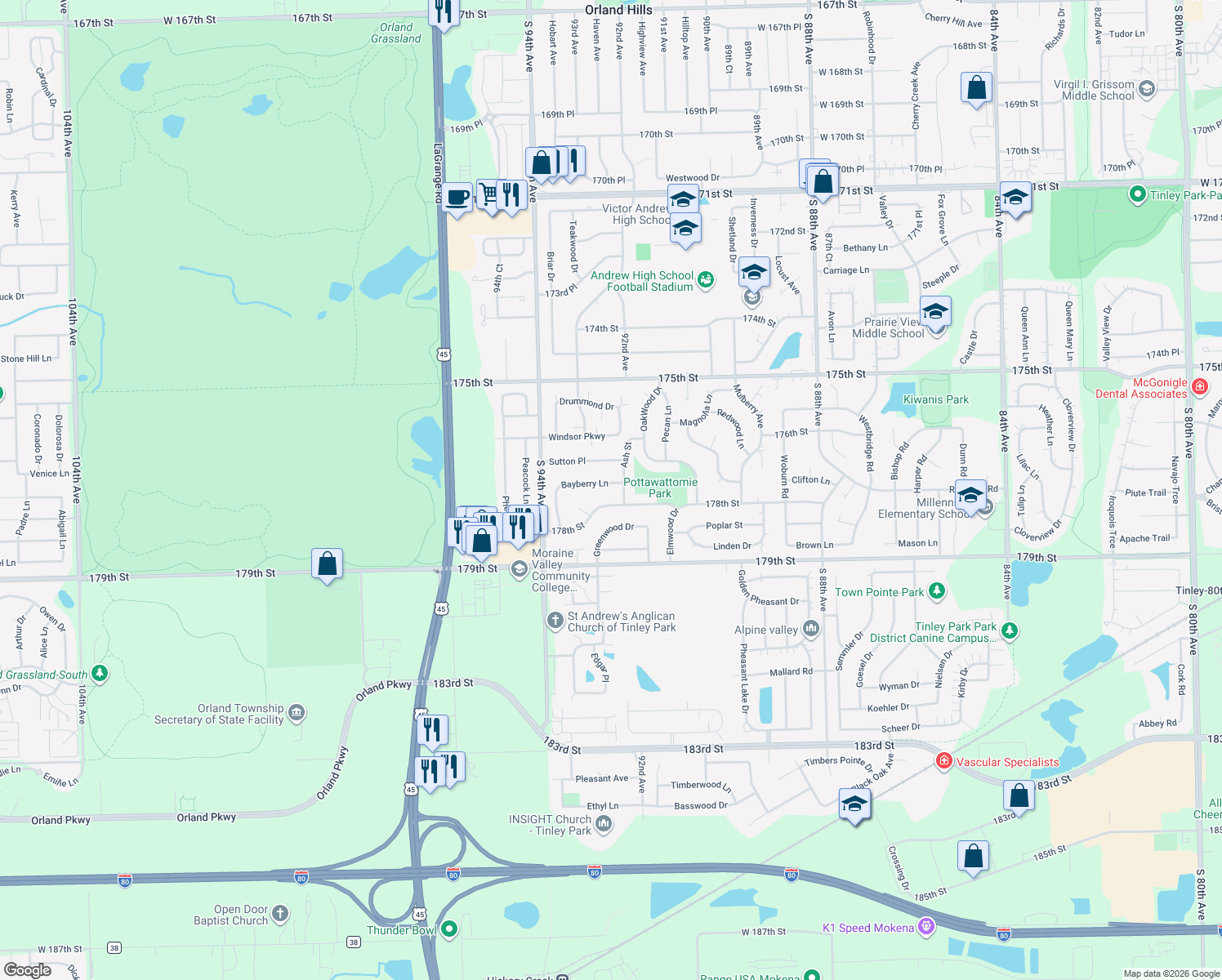 map of restaurants, bars, coffee shops, grocery stores, and more near 9221 Bayberry Lane in Tinley Park