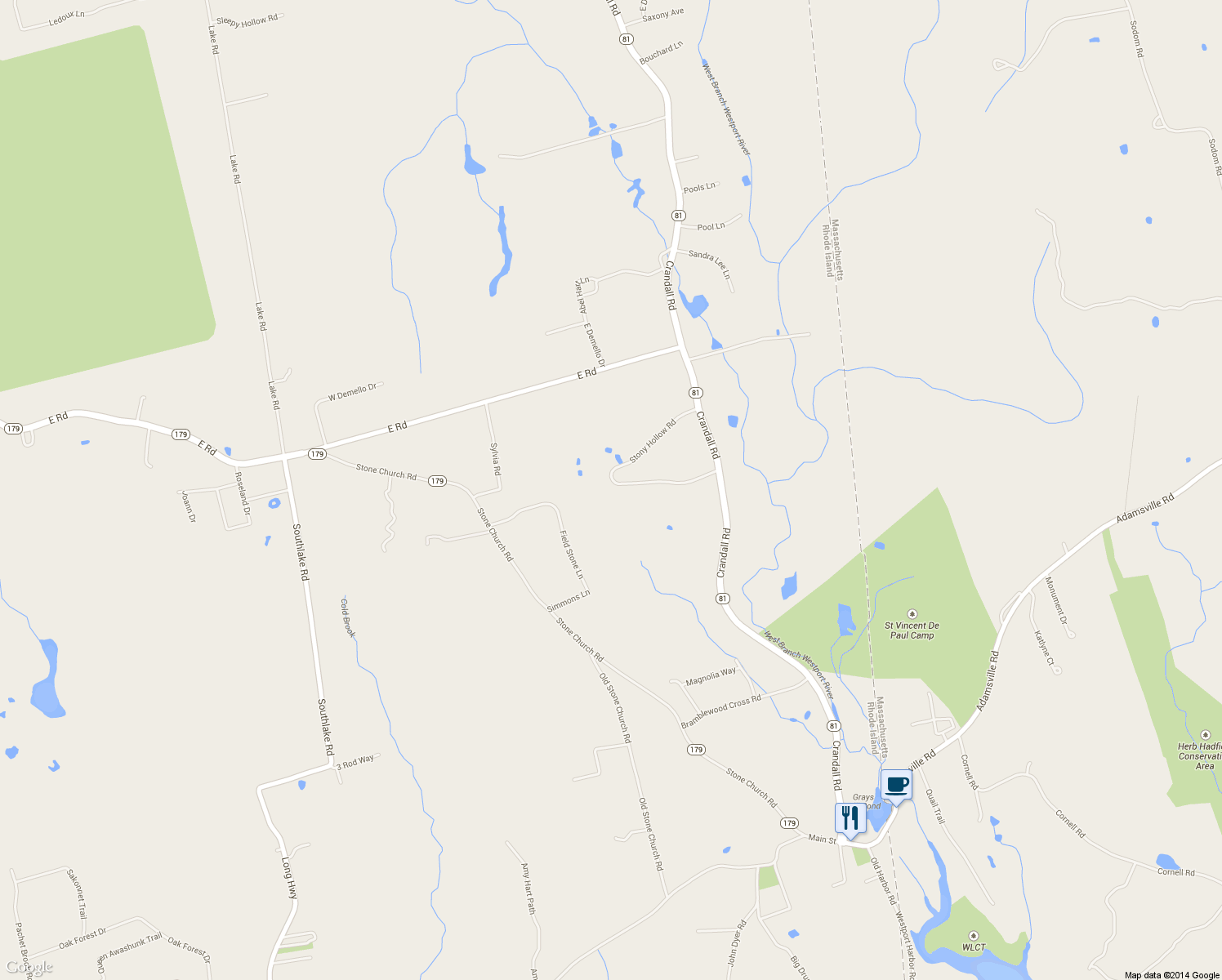 map of restaurants, bars, coffee shops, grocery stores, and more near 184 Stony Hollow Road in Tiverton