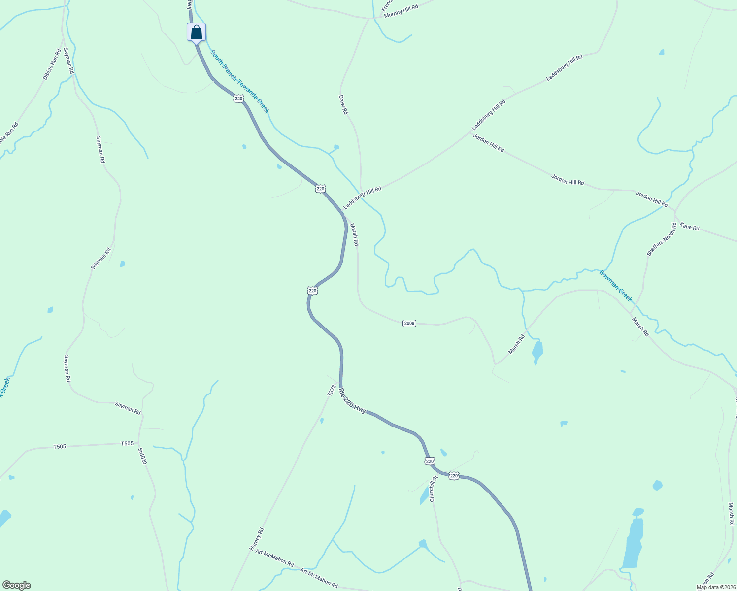 map of restaurants, bars, coffee shops, grocery stores, and more near Marsh Road in Dushore