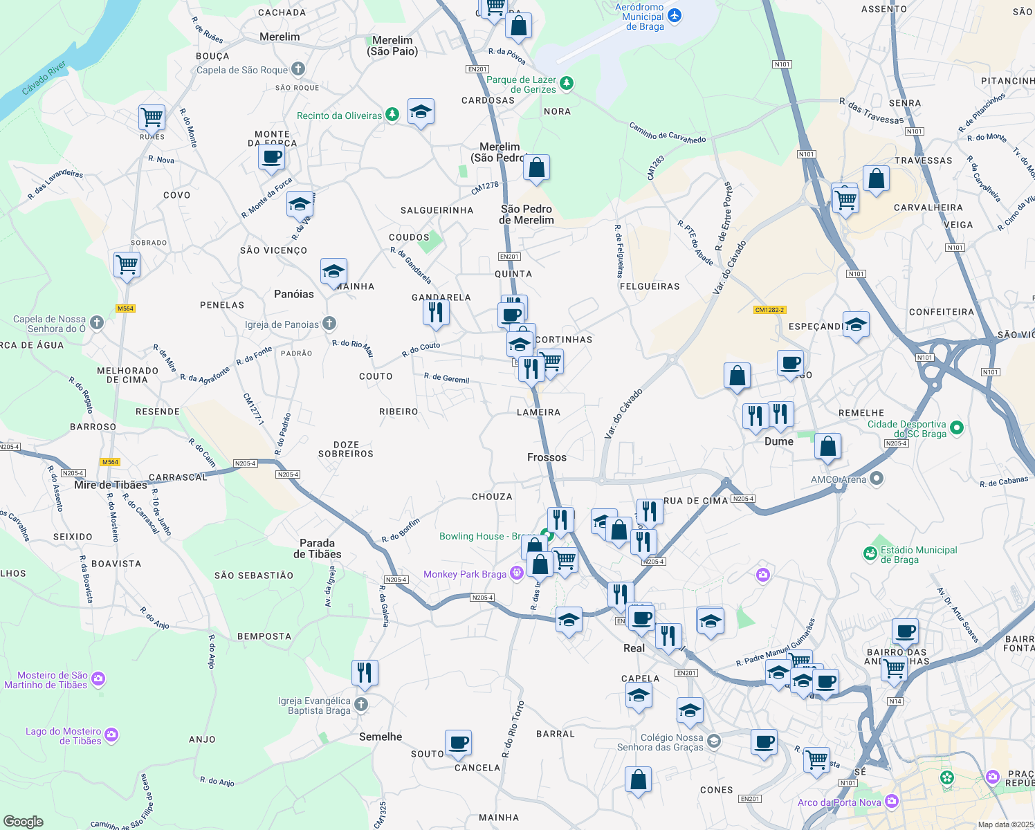 map of restaurants, bars, coffee shops, grocery stores, and more near 13 Rua do Penedo in Frossos