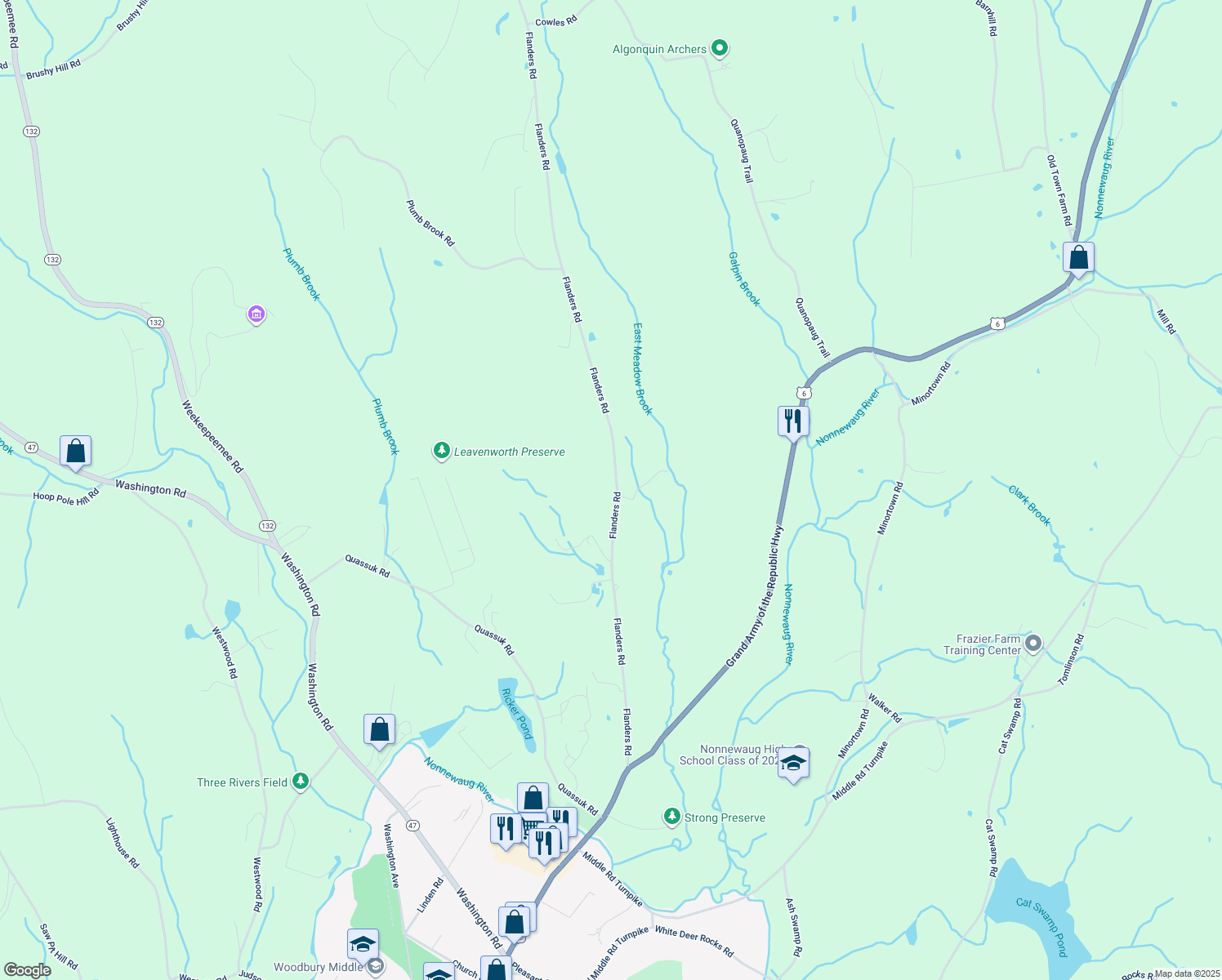 map of restaurants, bars, coffee shops, grocery stores, and more near 151 Flanders Road in Woodbury