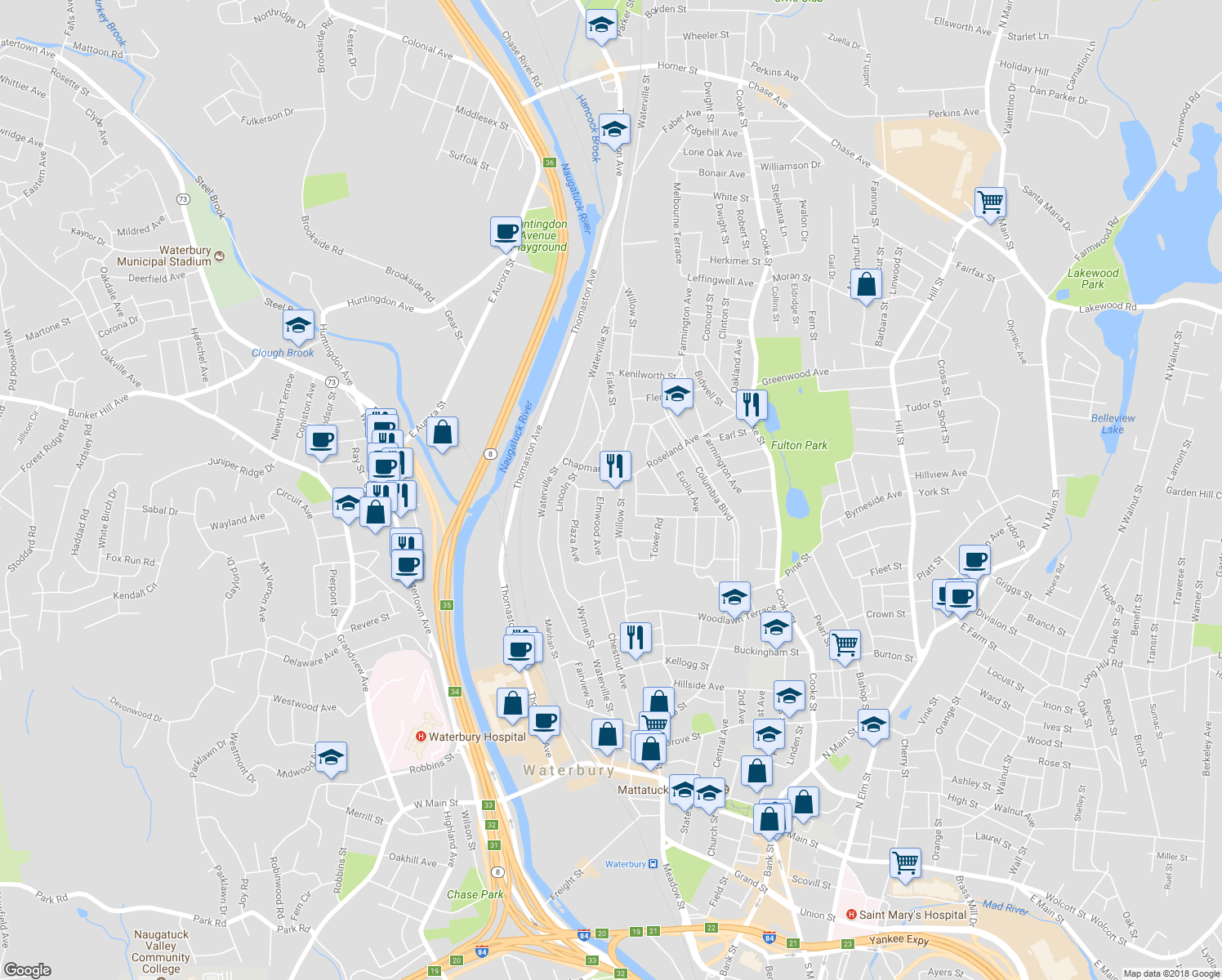 map of restaurants, bars, coffee shops, grocery stores, and more near 14 Wildwood Ave in Waterbury