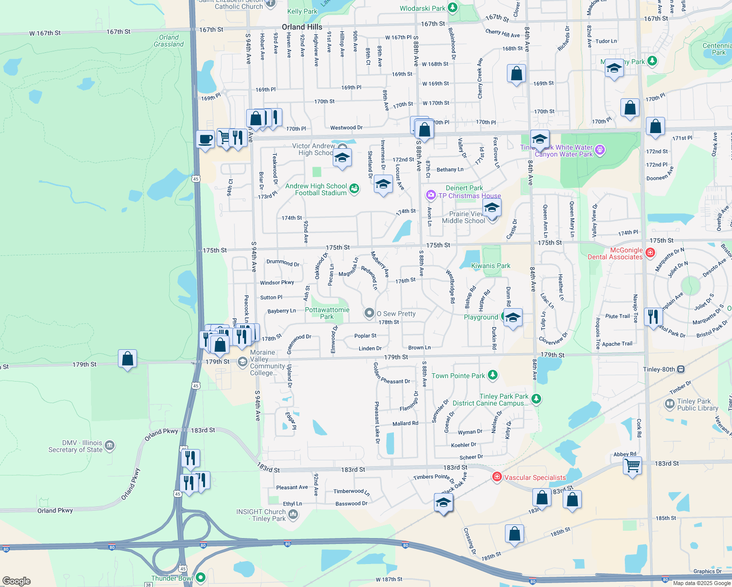 map of restaurants, bars, coffee shops, grocery stores, and more near 17625 Rosewood Lane in Tinley Park