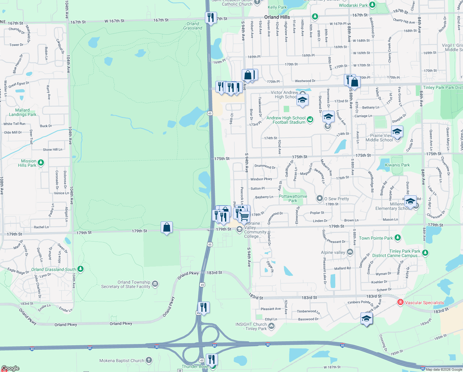 map of restaurants, bars, coffee shops, grocery stores, and more near 17648 Pheasant Drive in Tinley Park