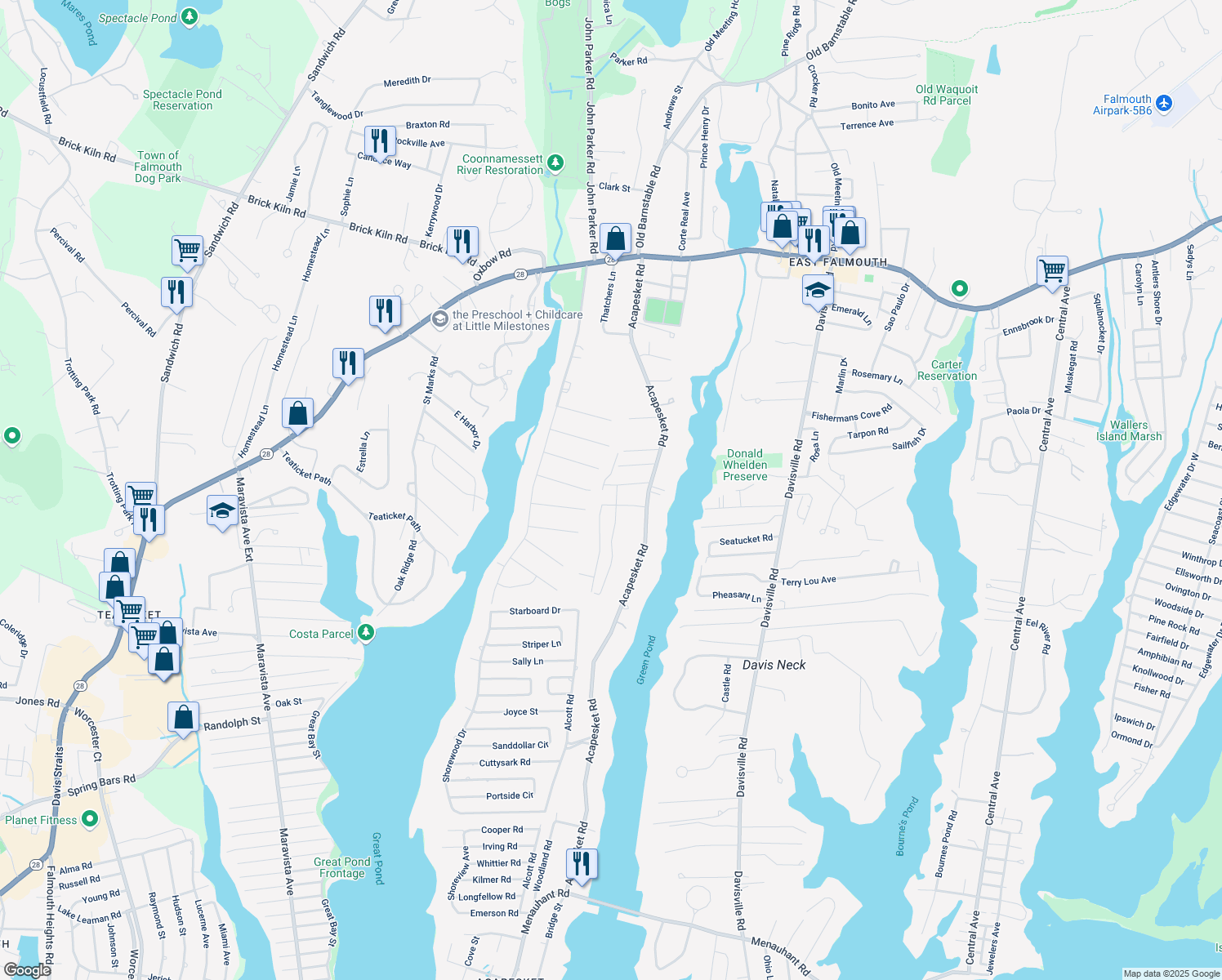 map of restaurants, bars, coffee shops, grocery stores, and more near 28 Garry Ave in Falmouth