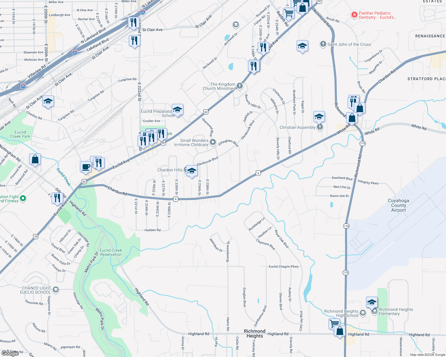 map of restaurants, bars, coffee shops, grocery stores, and more near 1755 Sherwood Boulevard in Euclid