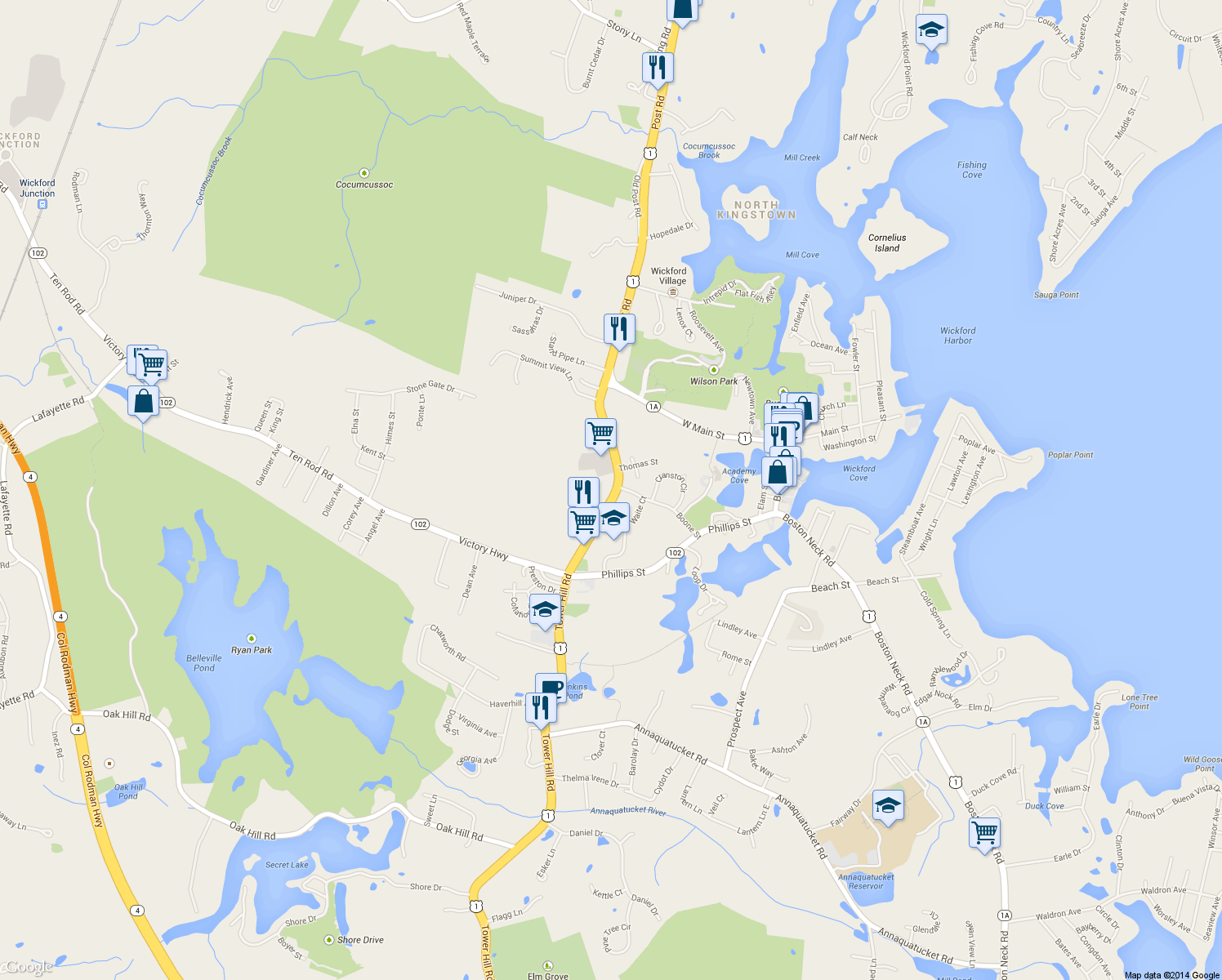 map of restaurants, bars, coffee shops, grocery stores, and more near 185 Tower Hill Road in North Kingstown