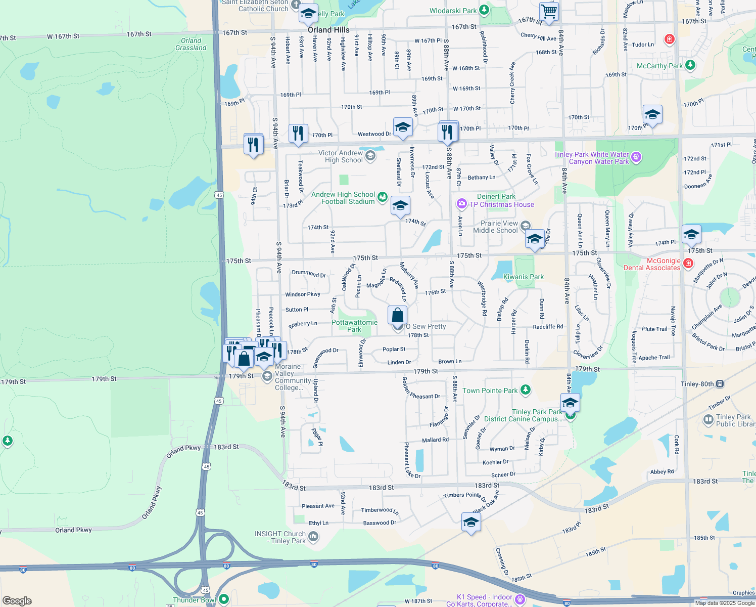map of restaurants, bars, coffee shops, grocery stores, and more near 17618 Rosewood Ln in Tinley Park