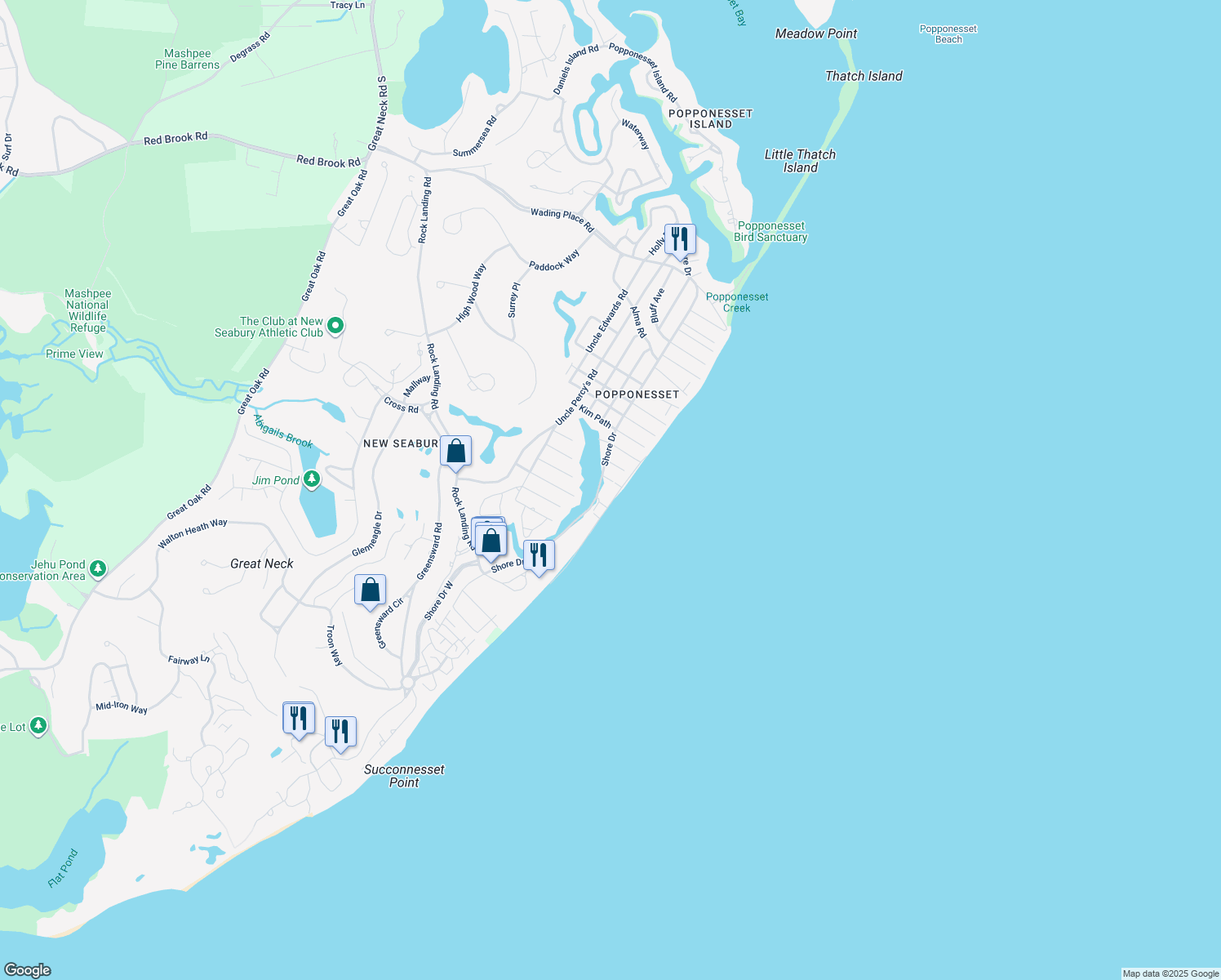 map of restaurants, bars, coffee shops, grocery stores, and more near 7 Beach Road in Mashpee