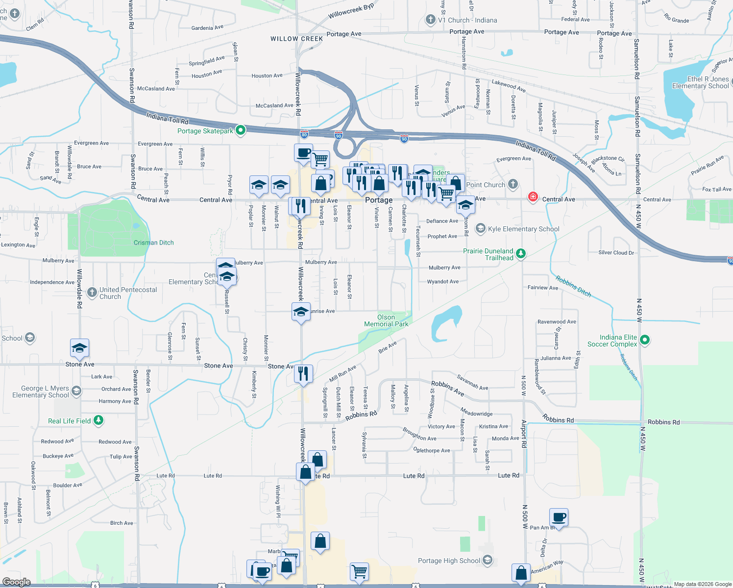 map of restaurants, bars, coffee shops, grocery stores, and more near 2847 Teresa St in Portage