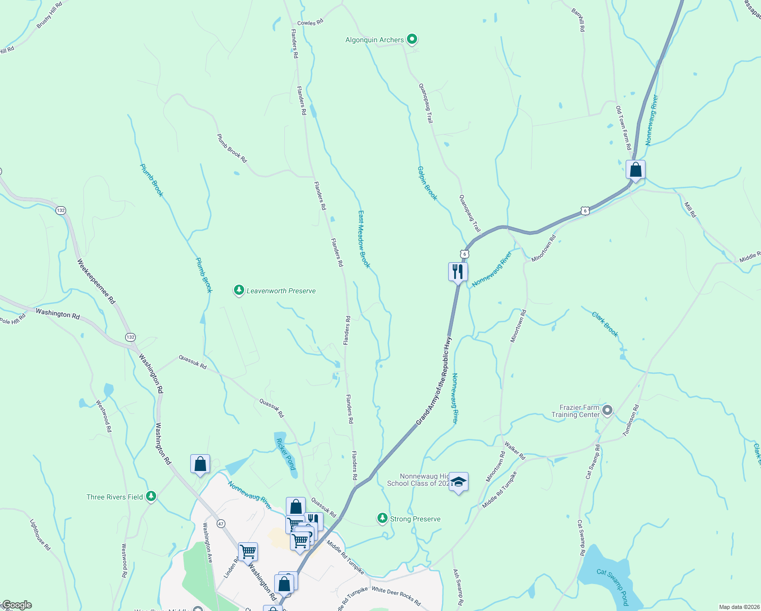 map of restaurants, bars, coffee shops, grocery stores, and more near 148 Flanders Road in Woodbury