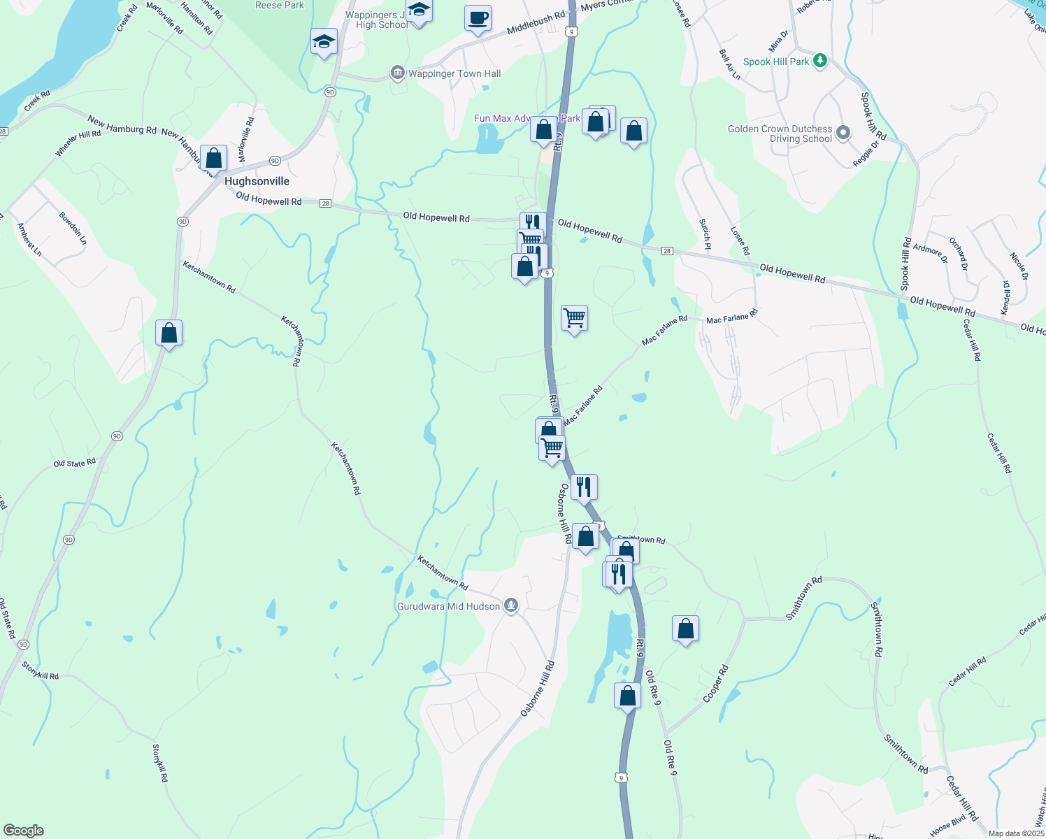 map of restaurants, bars, coffee shops, grocery stores, and more near 13 S Fowlerhouse Rd in Wappingers Falls