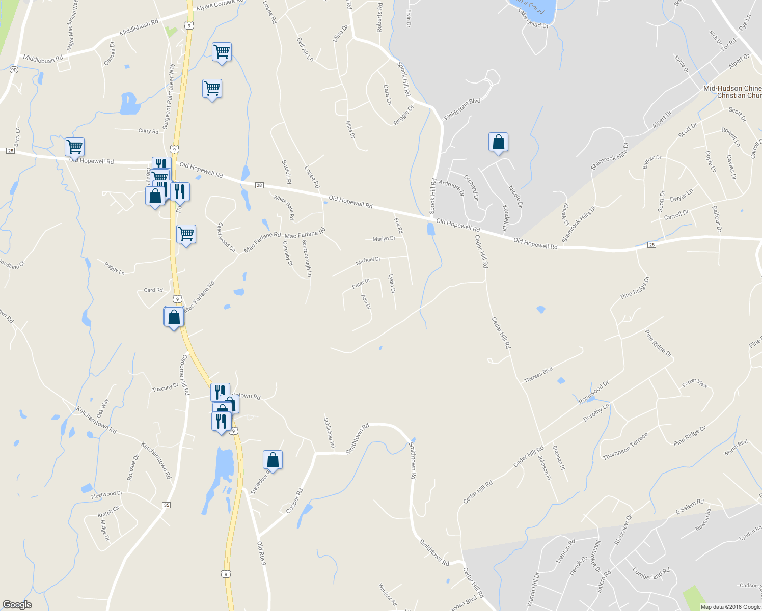 map of restaurants, bars, coffee shops, grocery stores, and more near 130 Peter Drive in Wappingers Falls
