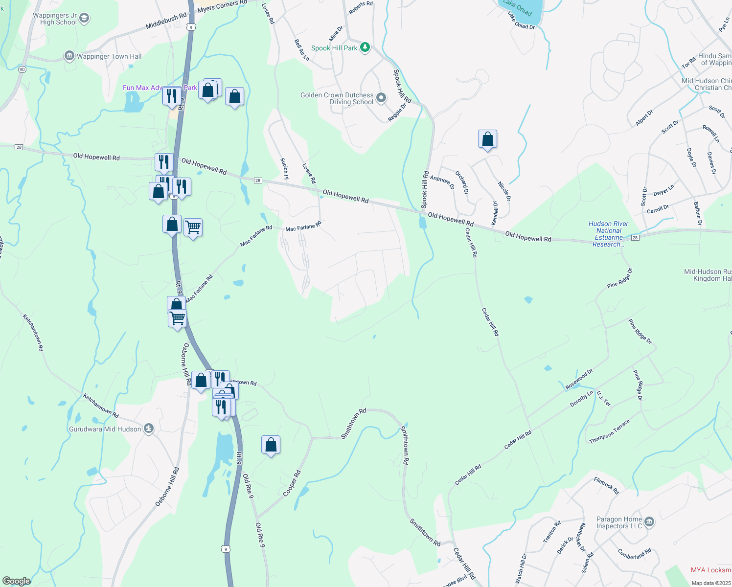 map of restaurants, bars, coffee shops, grocery stores, and more near 9 Ada Drive in Wappingers Falls