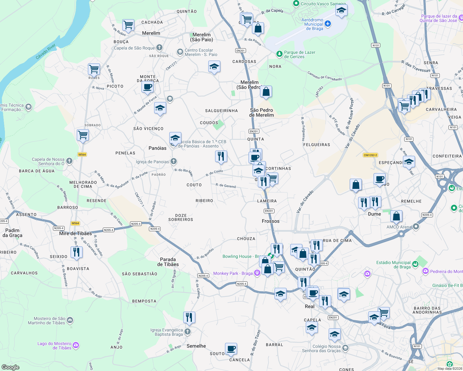map of restaurants, bars, coffee shops, grocery stores, and more near 10 Rua Quinta do Ribeiro in Braga