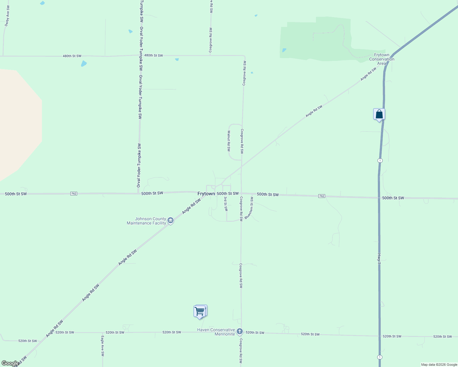 map of restaurants, bars, coffee shops, grocery stores, and more near 4987 Linn Street Southwest in Kalona