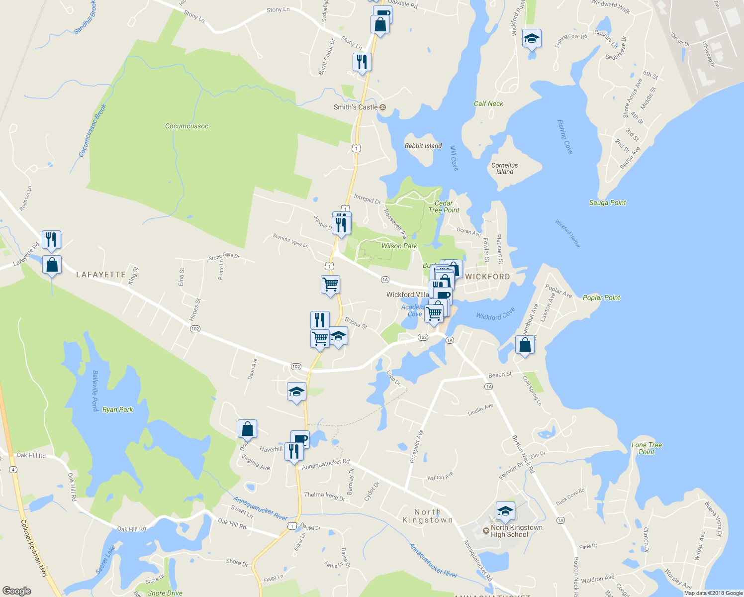 map of restaurants, bars, coffee shops, grocery stores, and more near 7 Thomas Street in North Kingstown