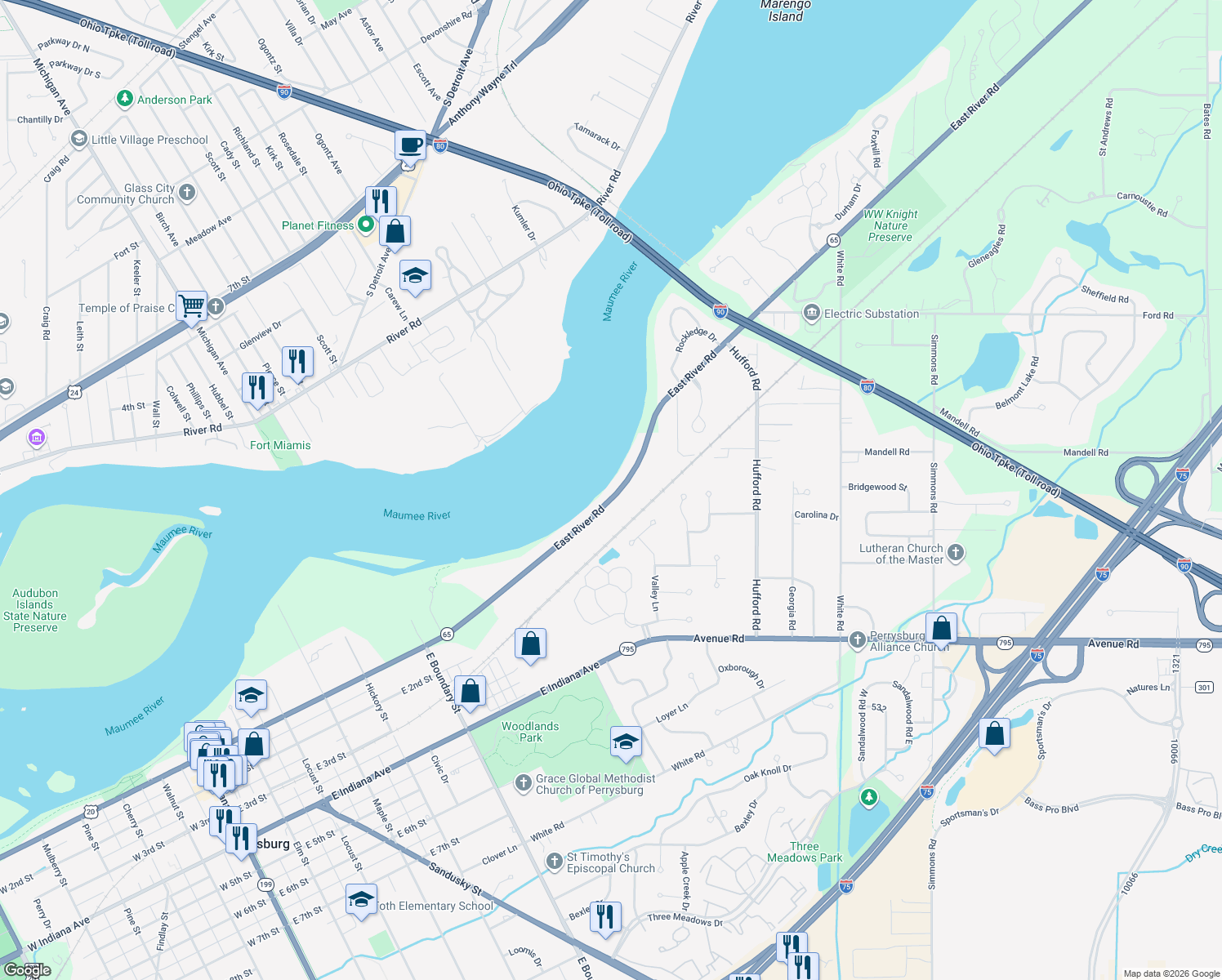 map of restaurants, bars, coffee shops, grocery stores, and more near 28887 E River Rd in Perrysburg