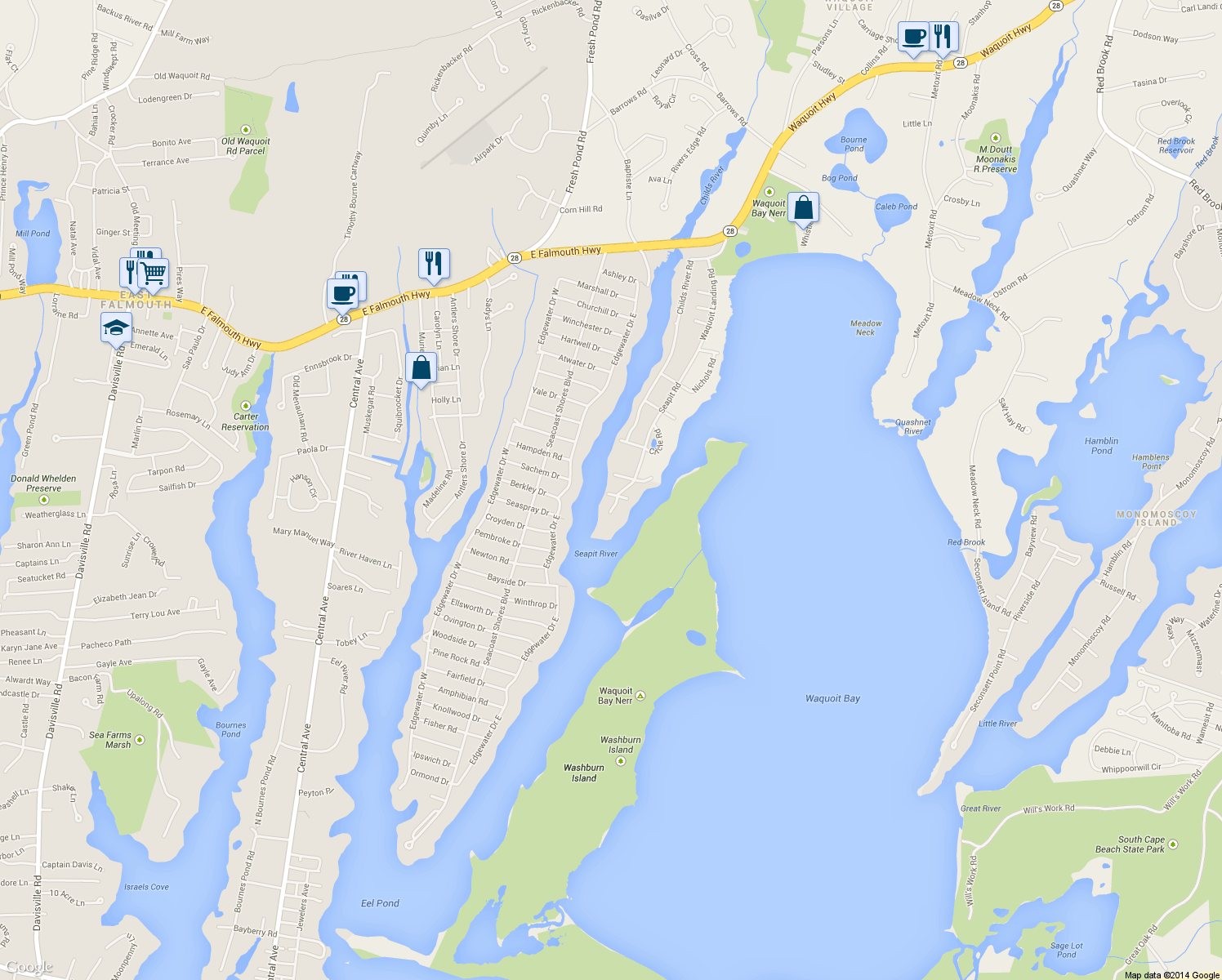 map of restaurants, bars, coffee shops, grocery stores, and more near 189 Seapit Road in Falmouth