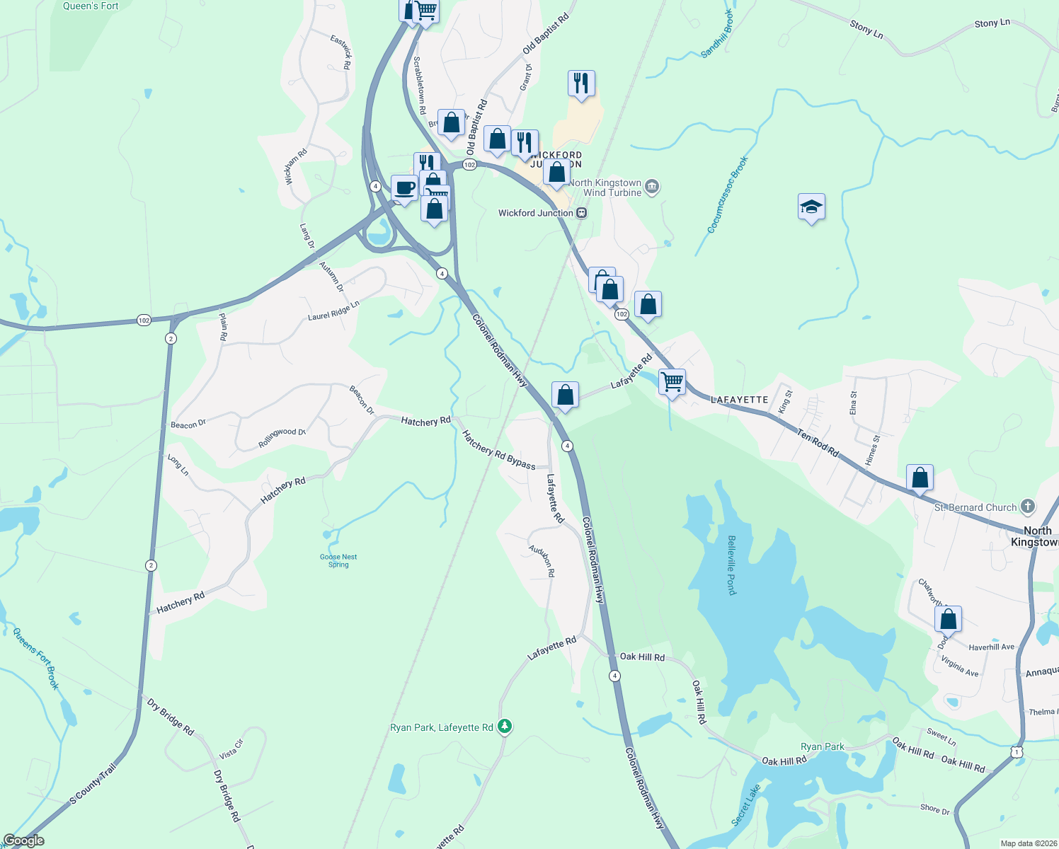 map of restaurants, bars, coffee shops, grocery stores, and more near 26 High Street in North Kingstown