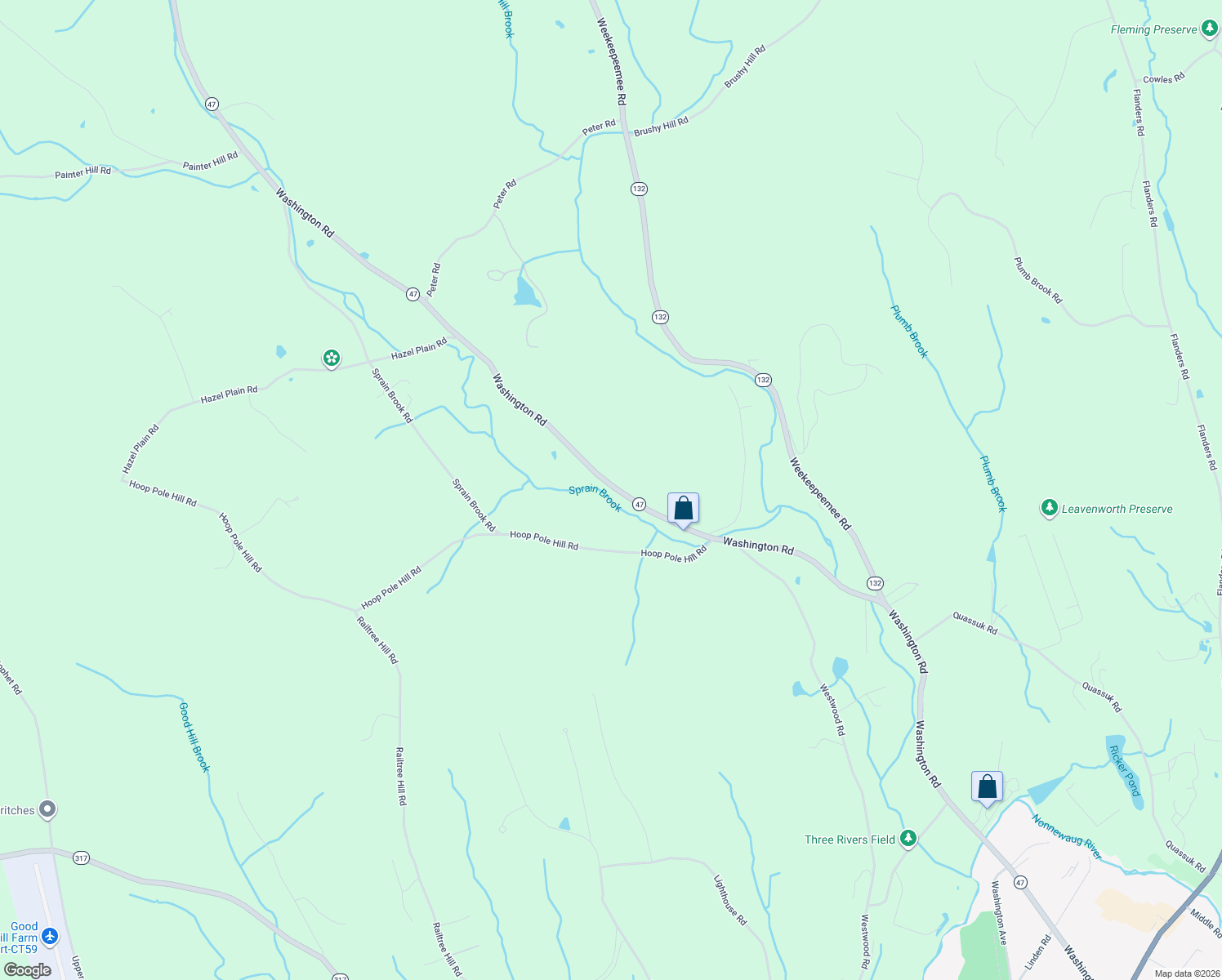 map of restaurants, bars, coffee shops, grocery stores, and more near 439 Connecticut 47 in Woodbury