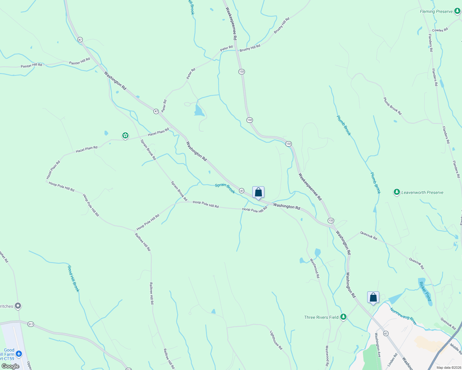 map of restaurants, bars, coffee shops, grocery stores, and more near 439 Connecticut 47 in Woodbury