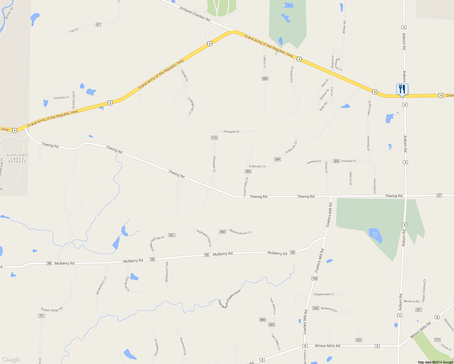 map of restaurants, bars, coffee shops, grocery stores, and more near 10386 Thwing Road in Chardon