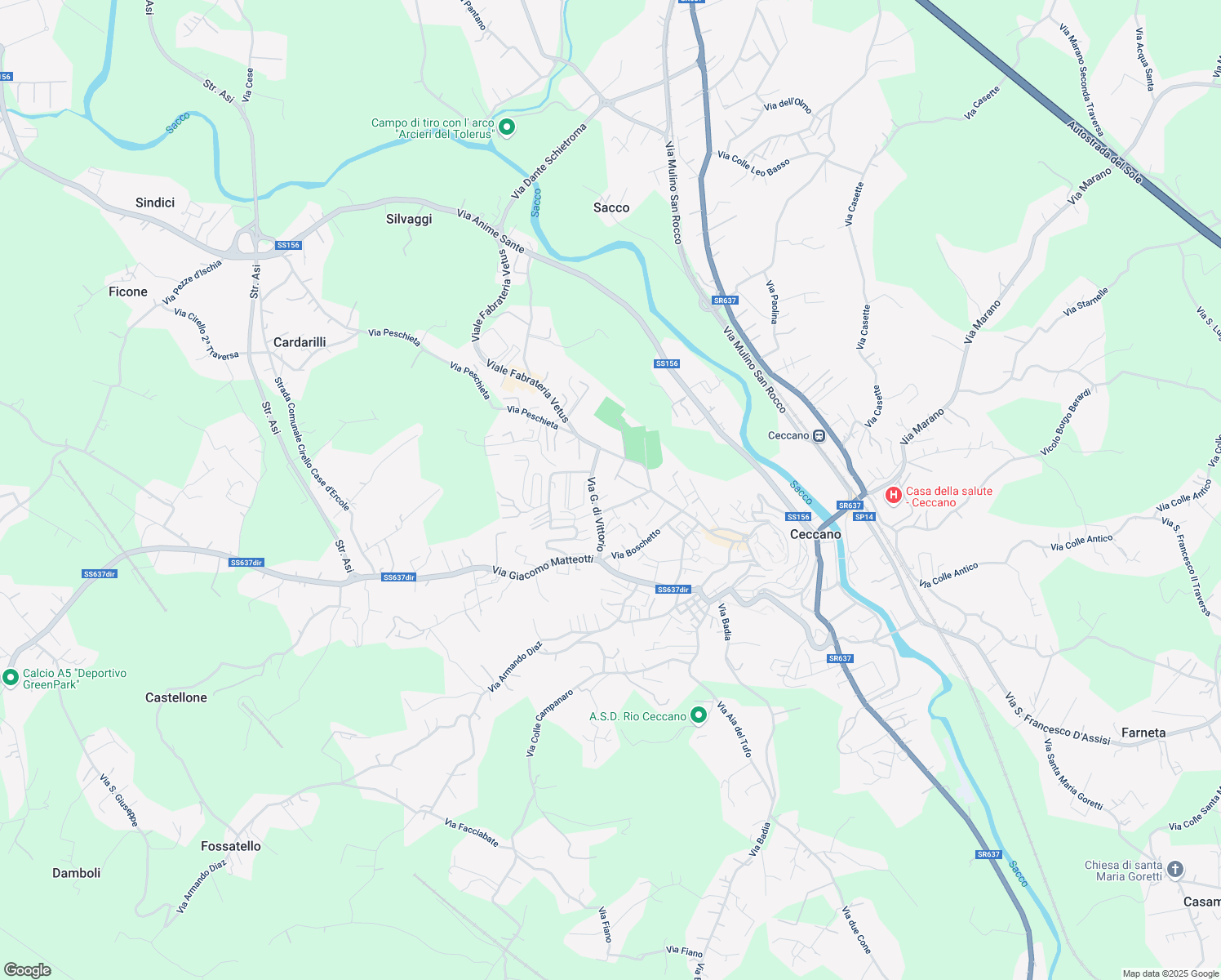 map of restaurants, bars, coffee shops, grocery stores, and more near 25 Via G. di Vittorio in Ceccano