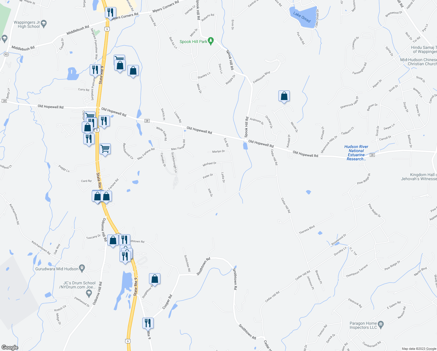 map of restaurants, bars, coffee shops, grocery stores, and more near 117 Peter Drive in Wappingers Falls