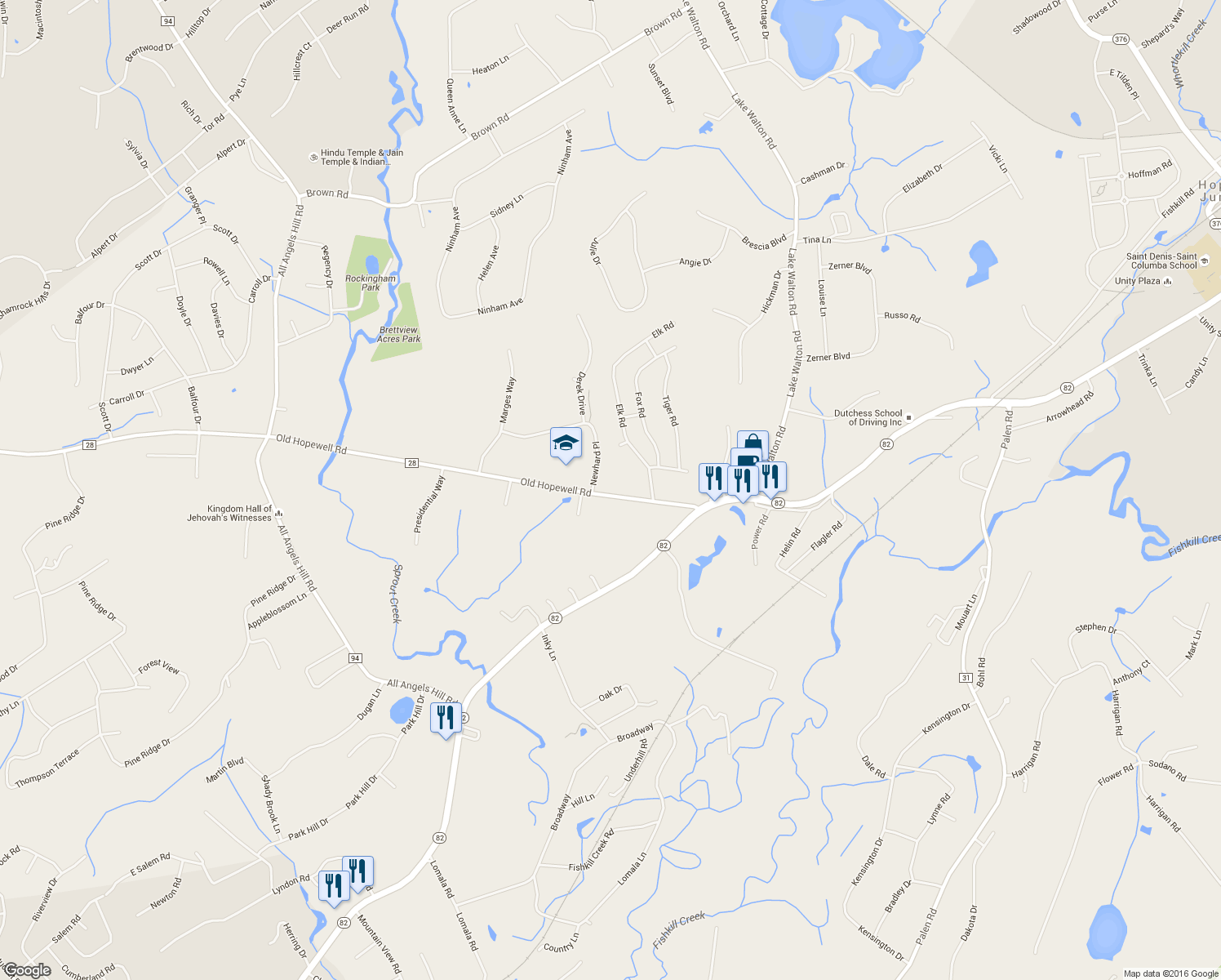map of restaurants, bars, coffee shops, grocery stores, and more near 2 Newhard Place in Hopewell Junction
