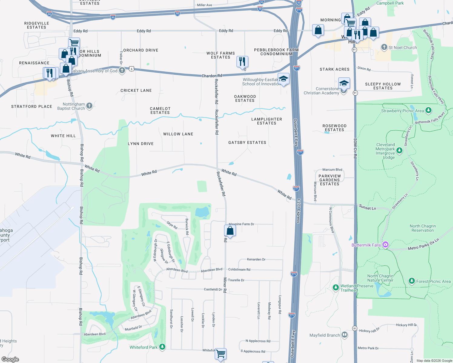 map of restaurants, bars, coffee shops, grocery stores, and more near 3023 Rockefeller Rd in Willoughby Hills