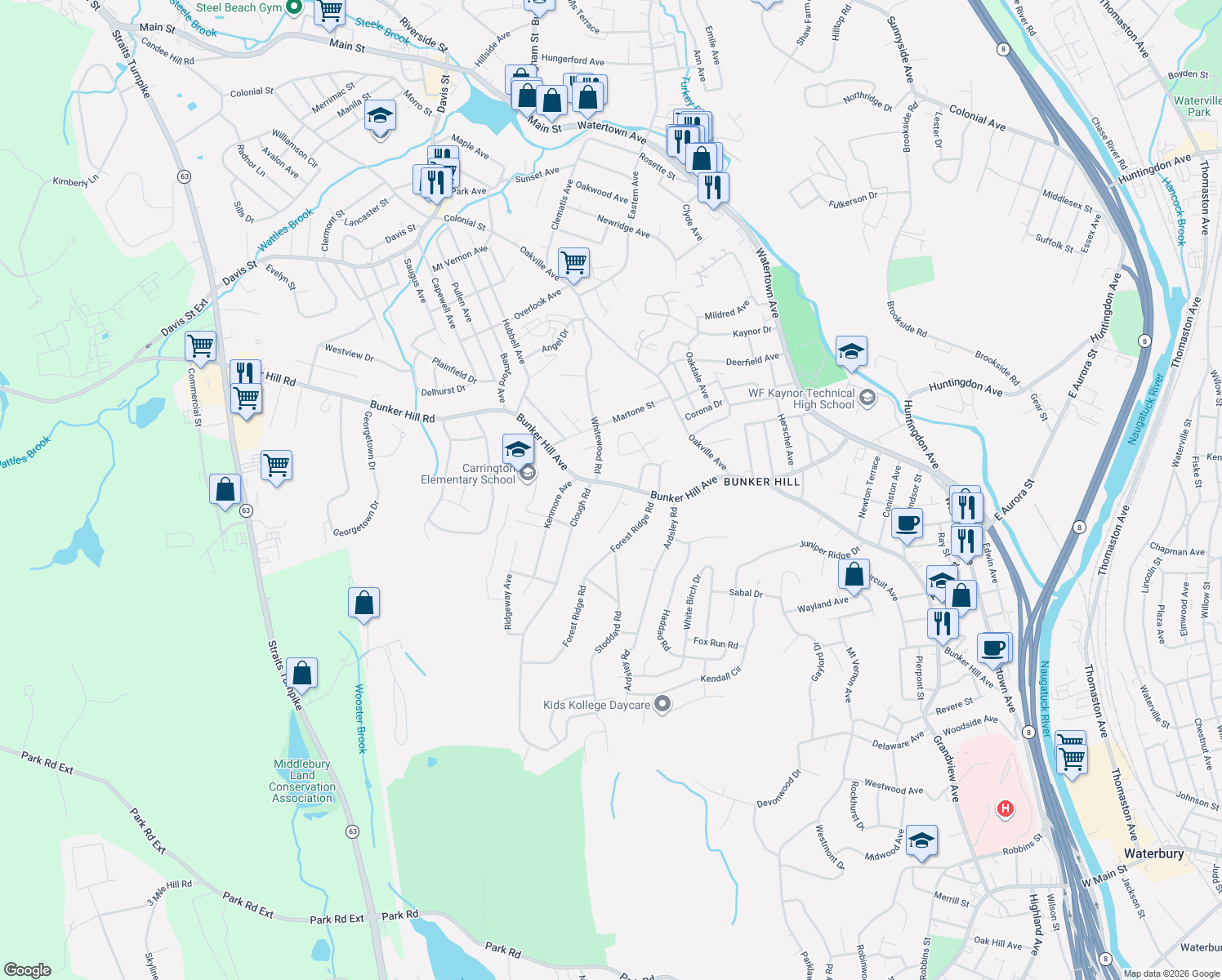 map of restaurants, bars, coffee shops, grocery stores, and more near 735 Bunker Hill Avenue in Waterbury
