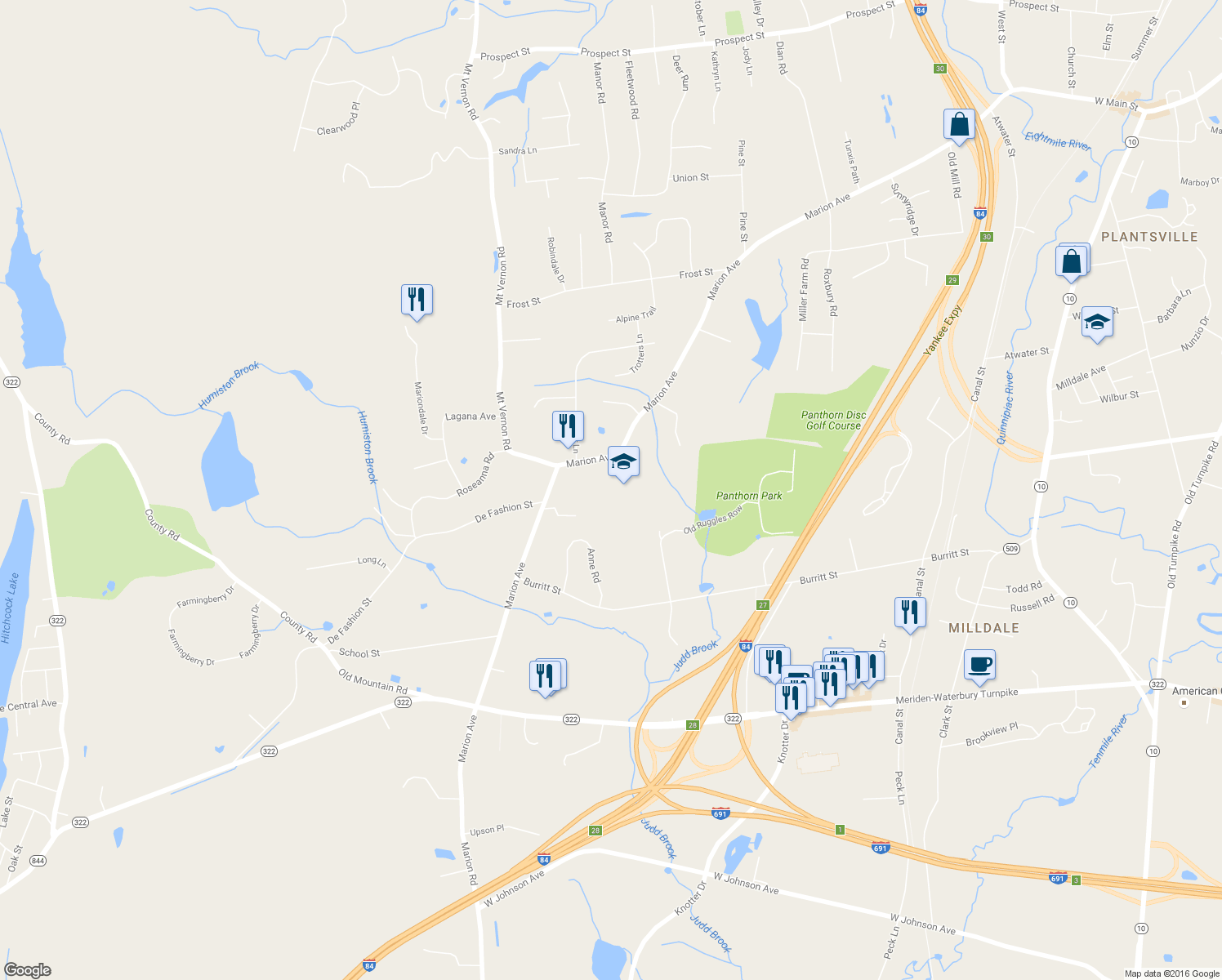 map of restaurants, bars, coffee shops, grocery stores, and more near 820 Marion Avenue in Southington