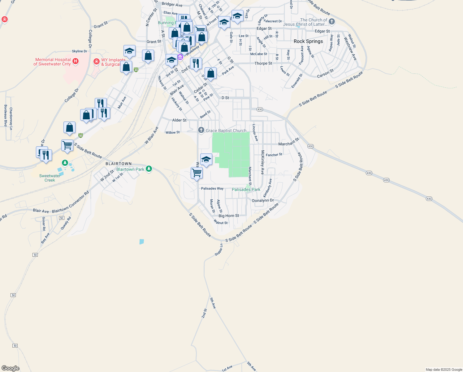 map of restaurants, bars, coffee shops, grocery stores, and more near 1269 Palasades Way in Rock Springs