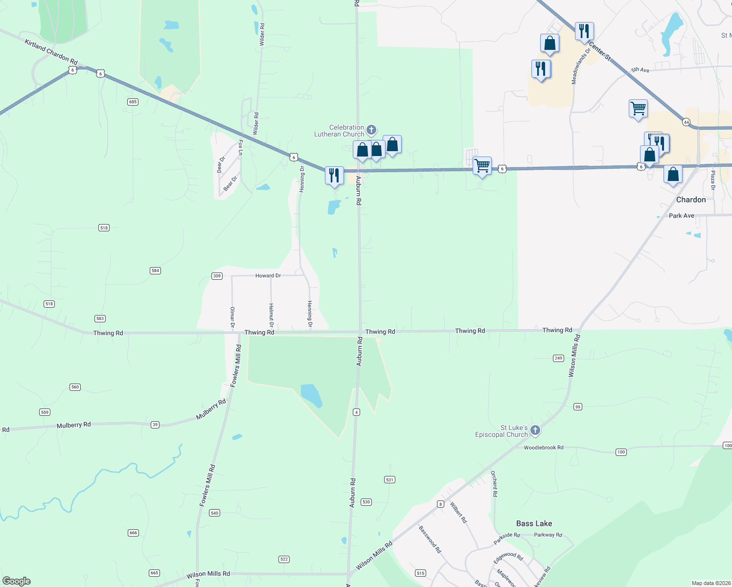 map of restaurants, bars, coffee shops, grocery stores, and more near 11011 Auburn Road in Chardon