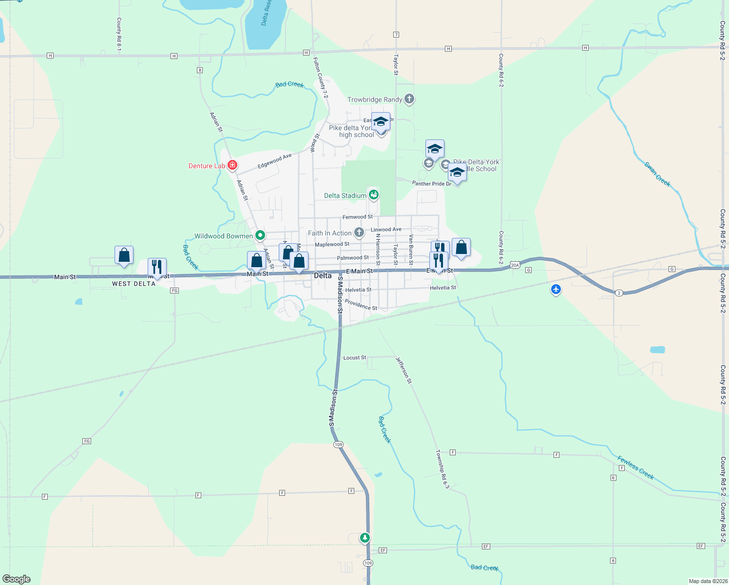 map of restaurants, bars, coffee shops, grocery stores, and more near 200 Jefferson Street in Delta
