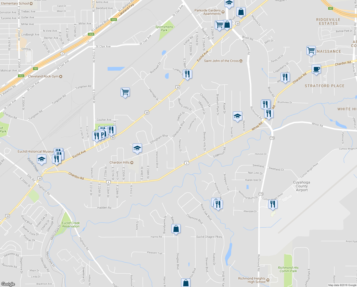 map of restaurants, bars, coffee shops, grocery stores, and more near 2030 Harrison Drive in Richmond Heights