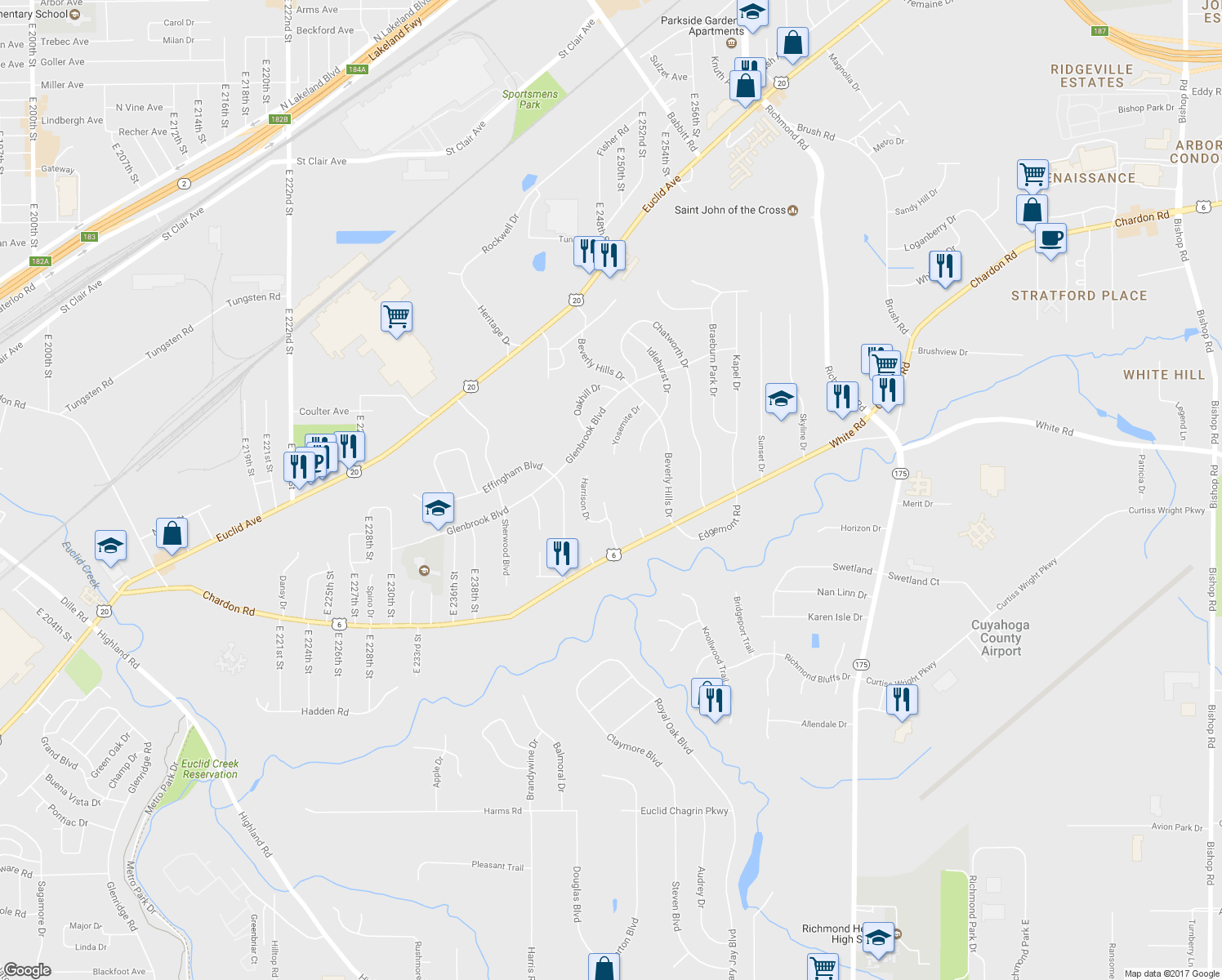 map of restaurants, bars, coffee shops, grocery stores, and more near 2008 Washington Drive in Richmond Heights