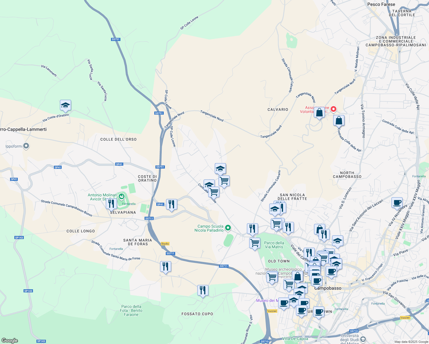 map of restaurants, bars, coffee shops, grocery stores, and more near 87 Strada Provinciale Macchie in Provincia di Campobasso