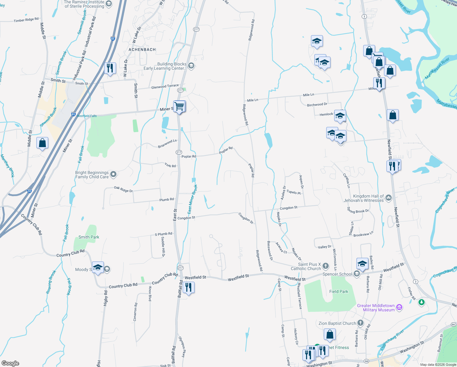 map of restaurants, bars, coffee shops, grocery stores, and more near 7 Poplar Road in Middletown