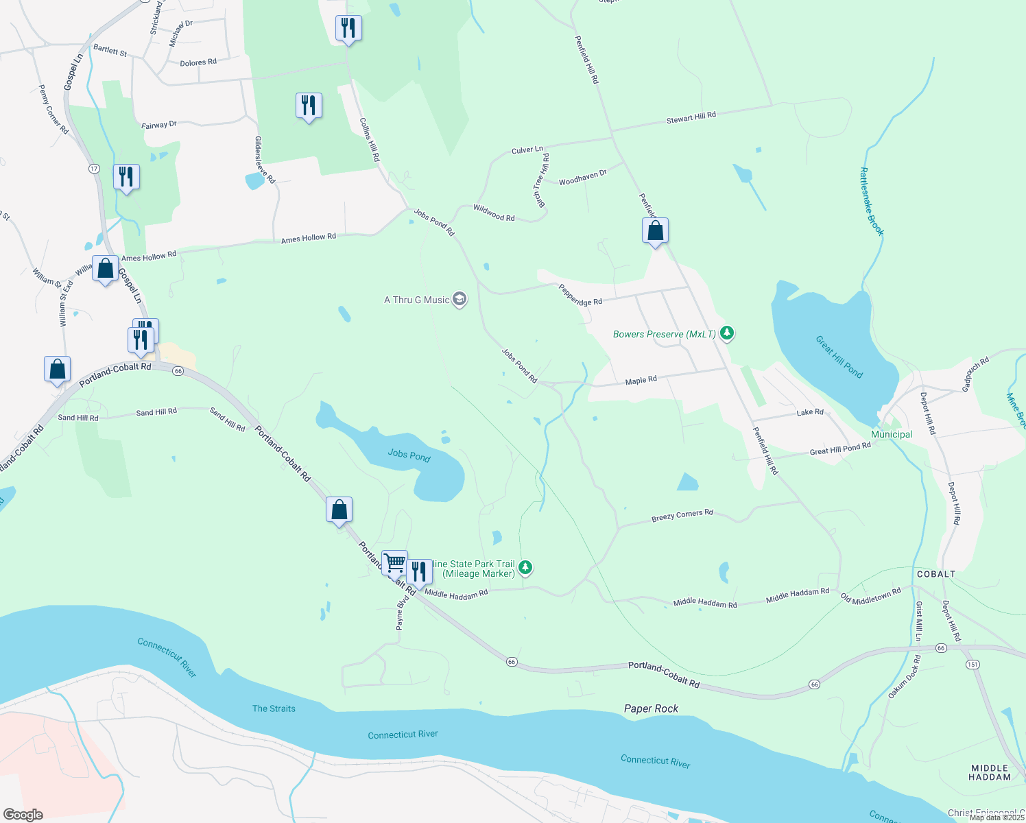 map of restaurants, bars, coffee shops, grocery stores, and more near 116 Jobs Pond Road in Portland