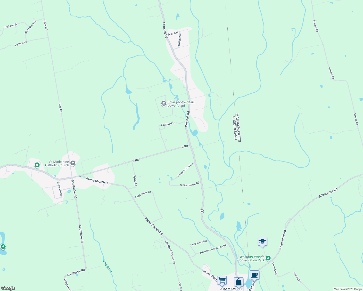 map of restaurants, bars, coffee shops, grocery stores, and more near 1282 East Road in Tiverton