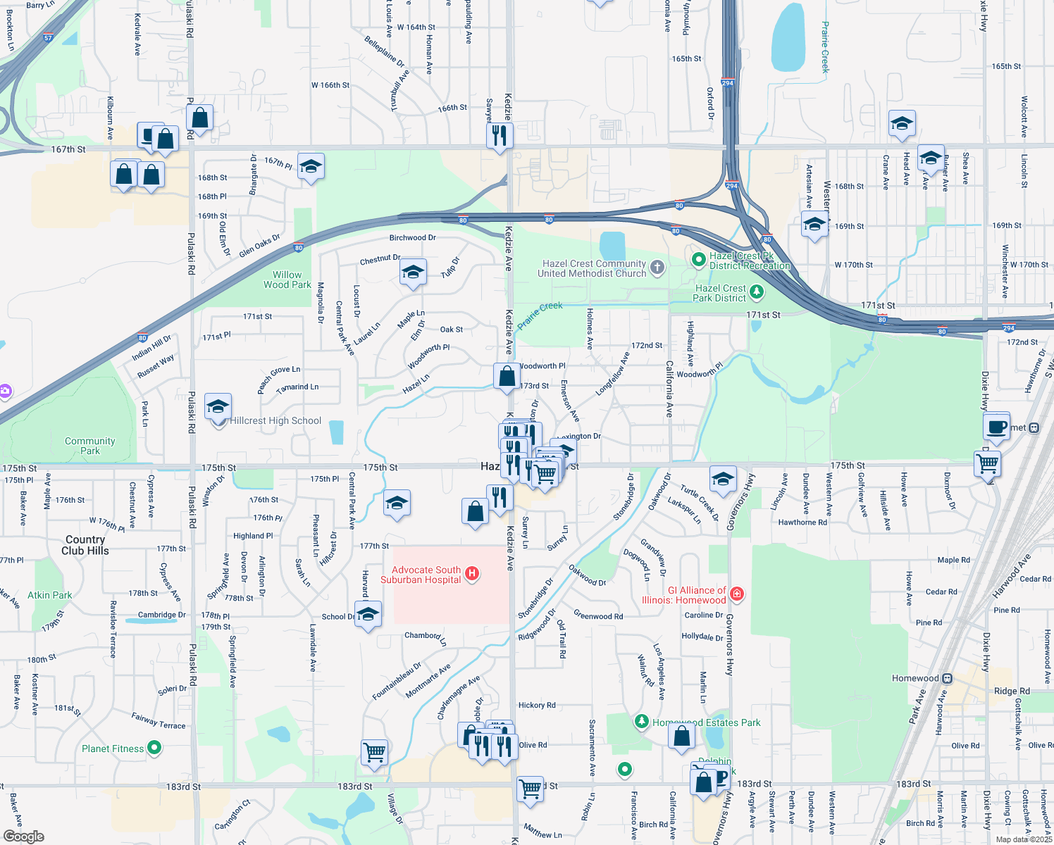 map of restaurants, bars, coffee shops, grocery stores, and more near 17402 Poe Avenue in Hazel Crest