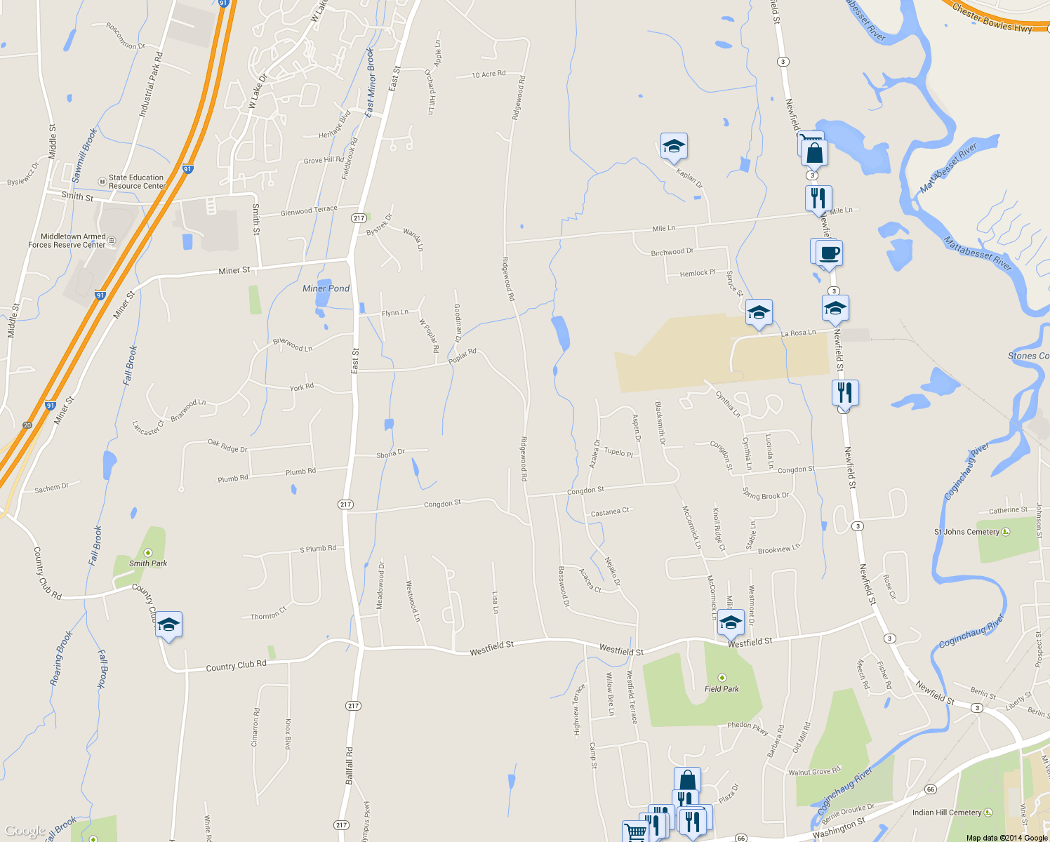 map of restaurants, bars, coffee shops, grocery stores, and more near 7 Poplar Road in Middletown