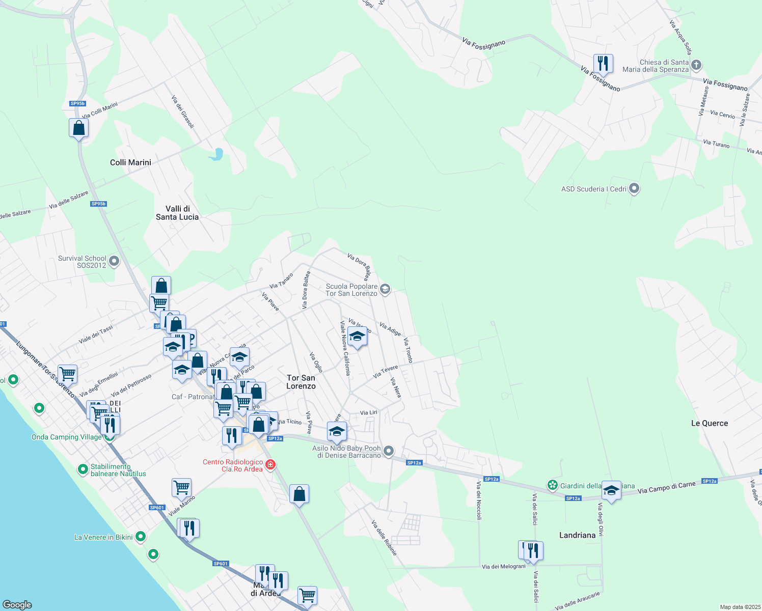 map of restaurants, bars, coffee shops, grocery stores, and more near 49 Via Metauro in Marina di Ardea